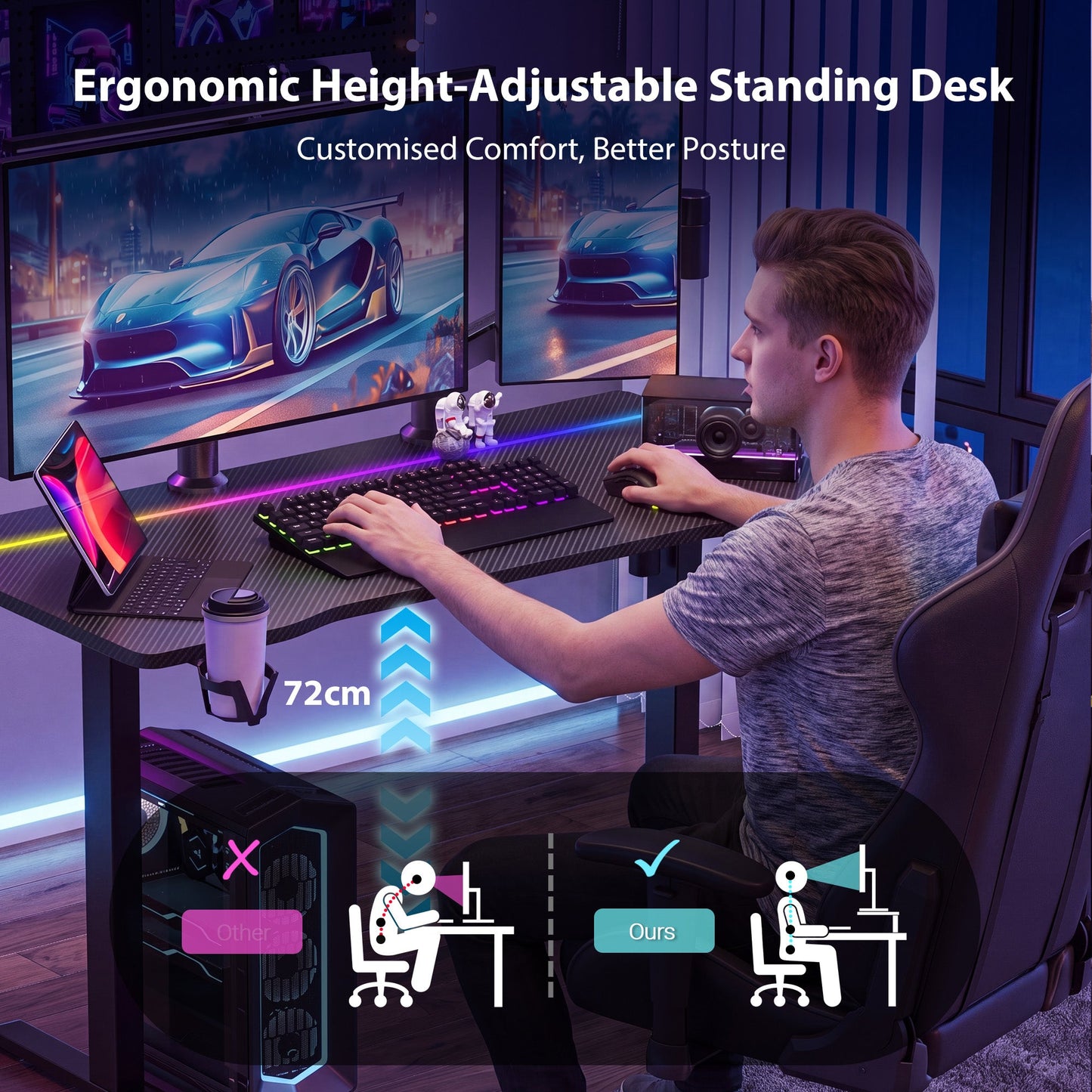 Advwin Height Adjustable Gaming Standing Desk w/ RGB Lights