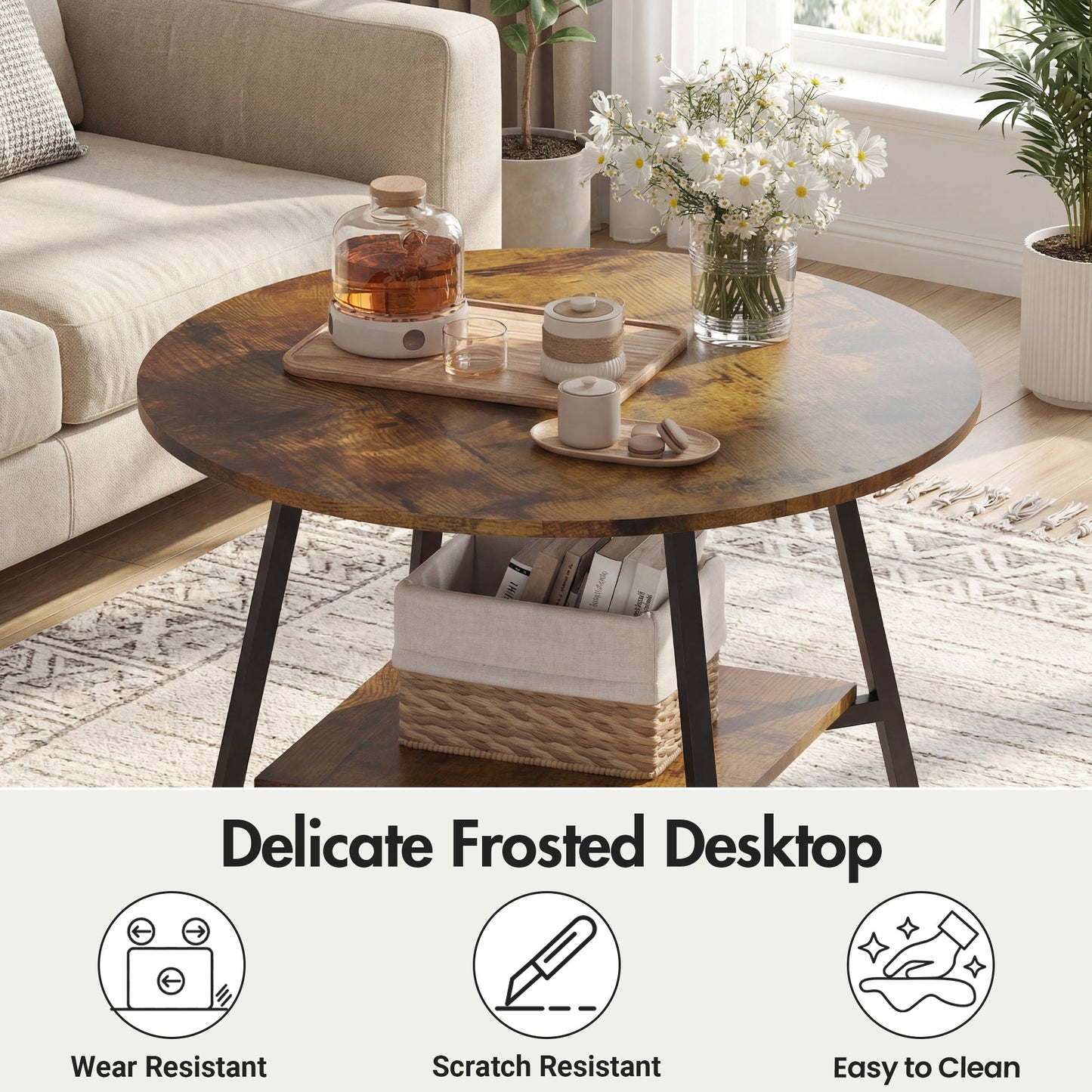 Advwin 73cm Round Coffee Table 2-Tier w/ Open Shelf