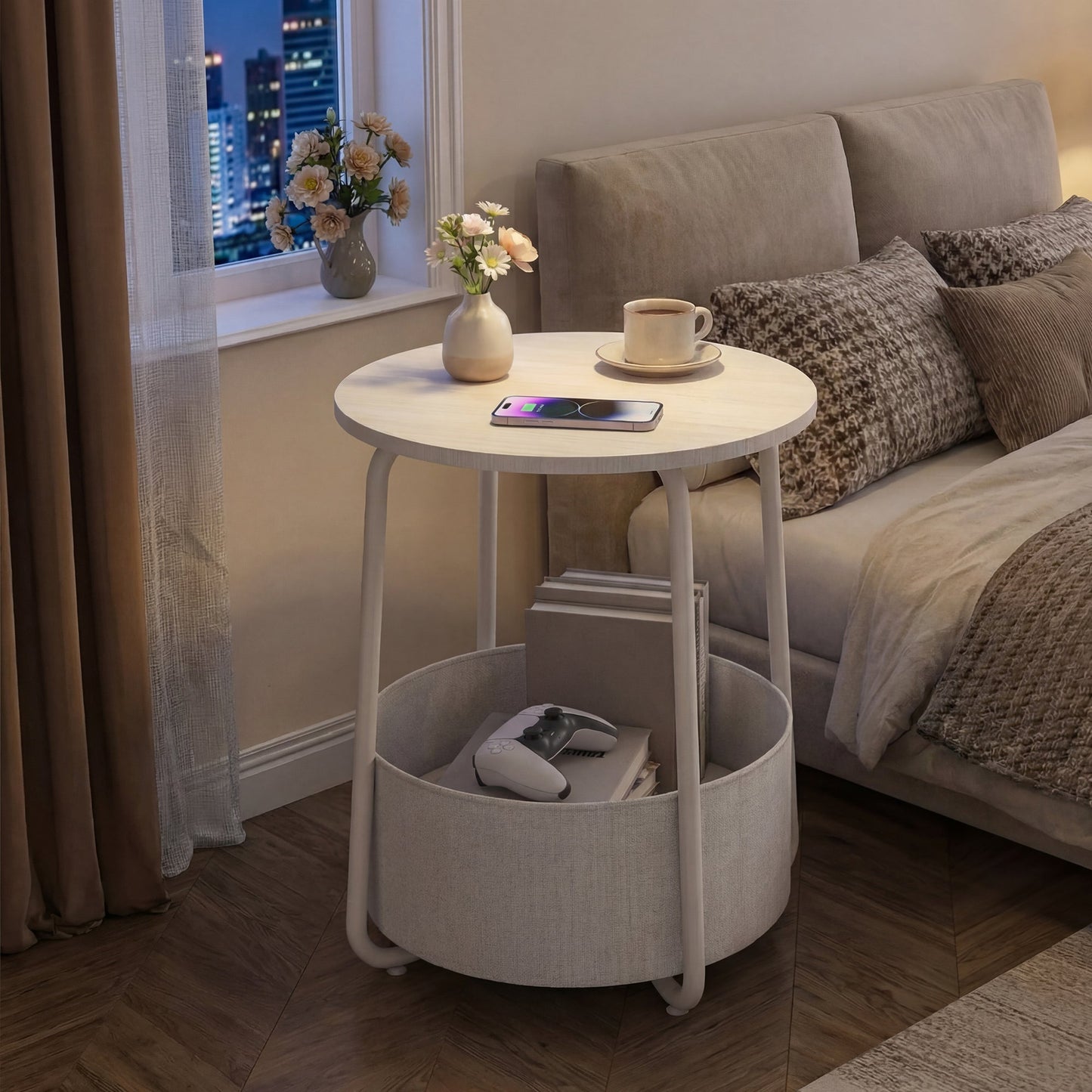 Advwin Small Round Side Table w/ Charging Station