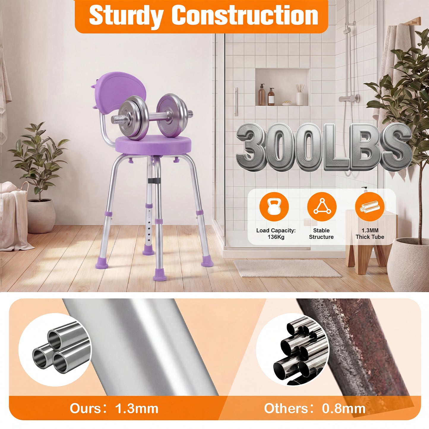 Advwin Adjustable 360° Swivel Shower Chair for Seniors