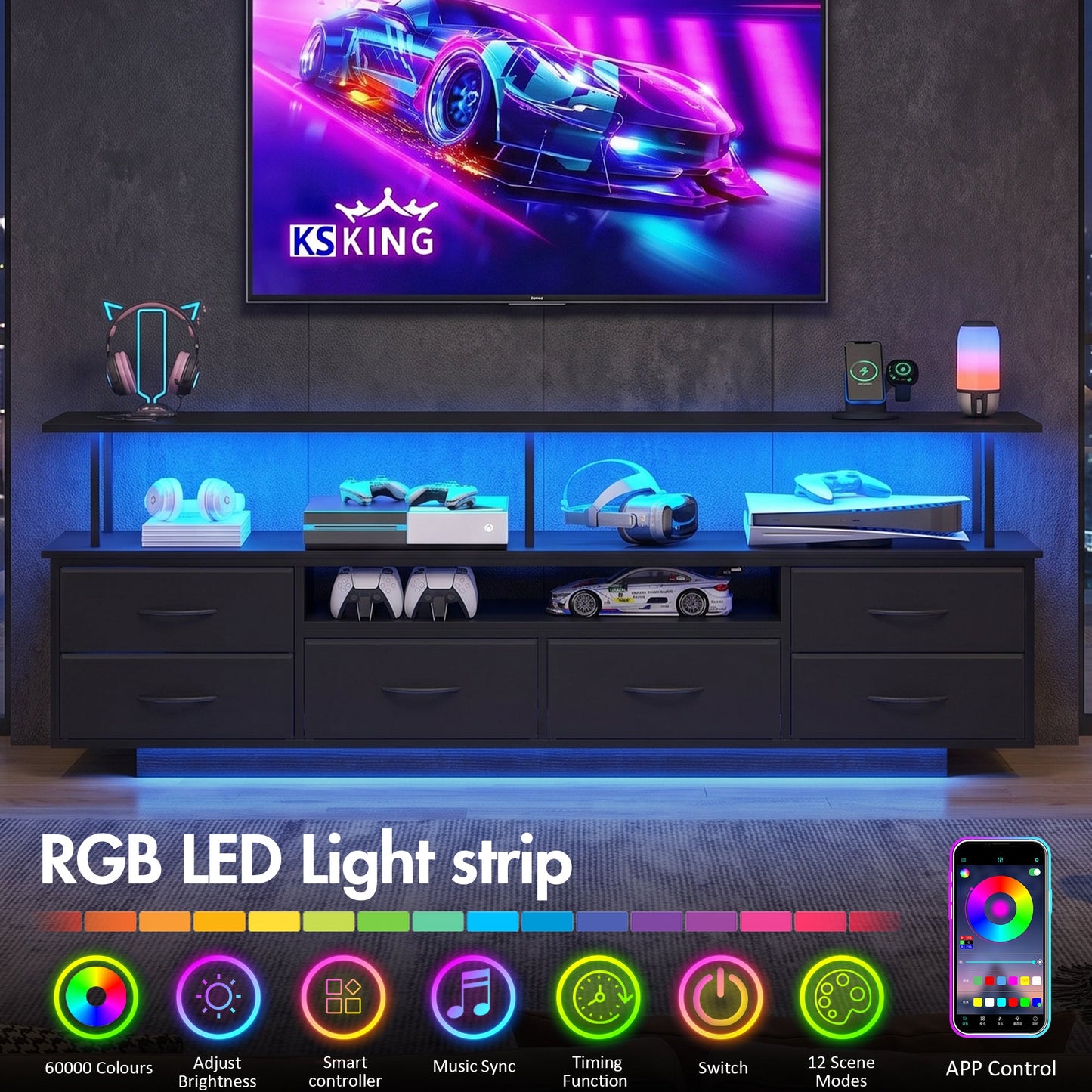 Advwin 160cm TV Unit Cabinet with Open Shelf & LED Lights