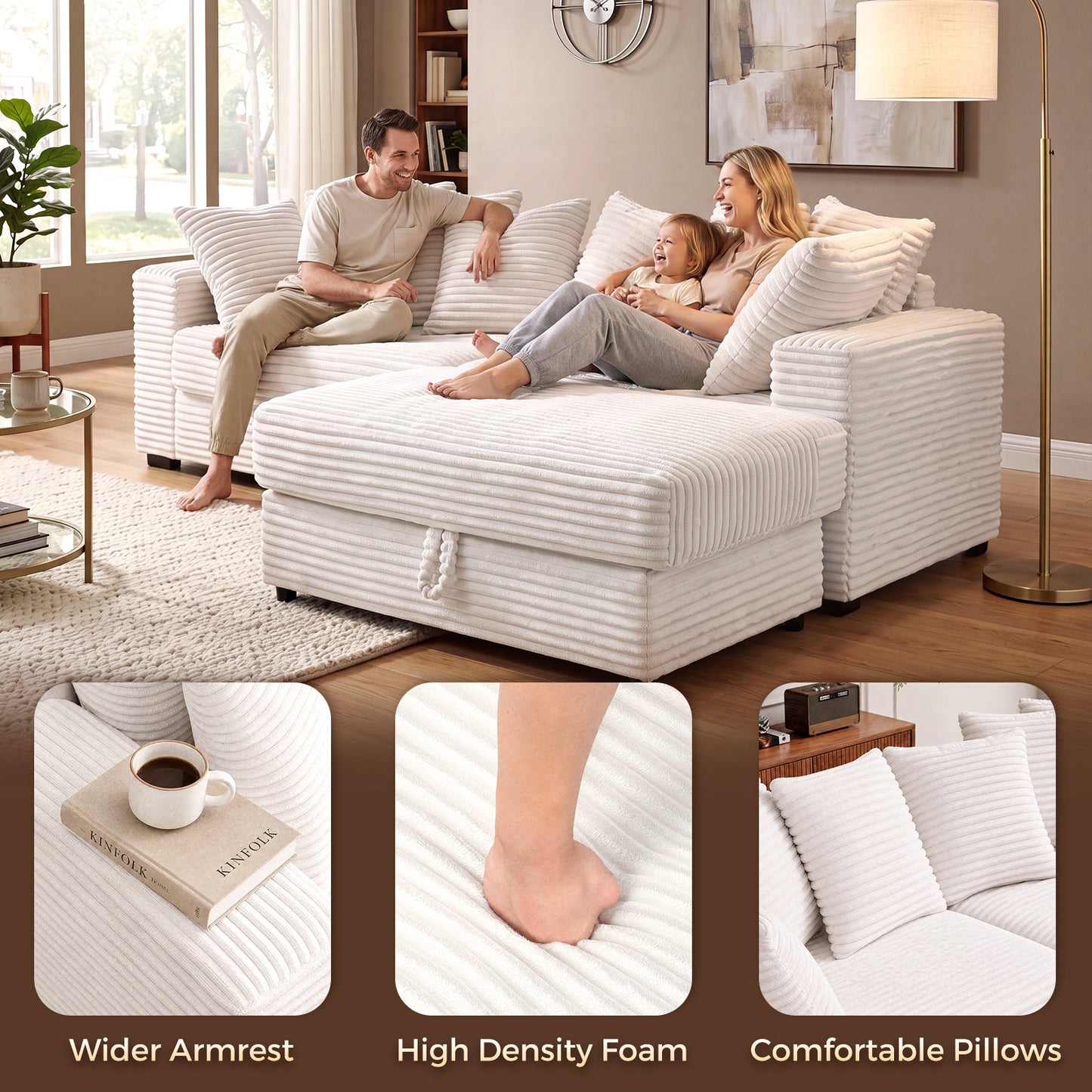 Advwin 228cm L-Shaped Modular Cloud Sofa w/ Storage Ottoman