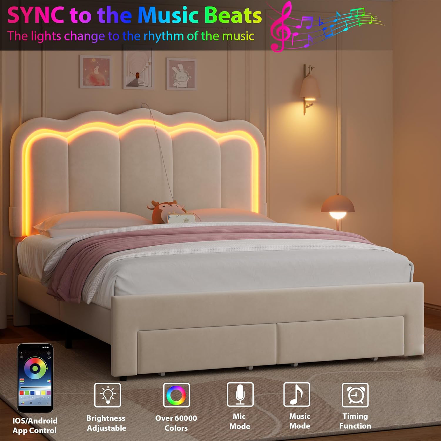 Advwin LED Bed Frame with Adjustable Headboard Beige