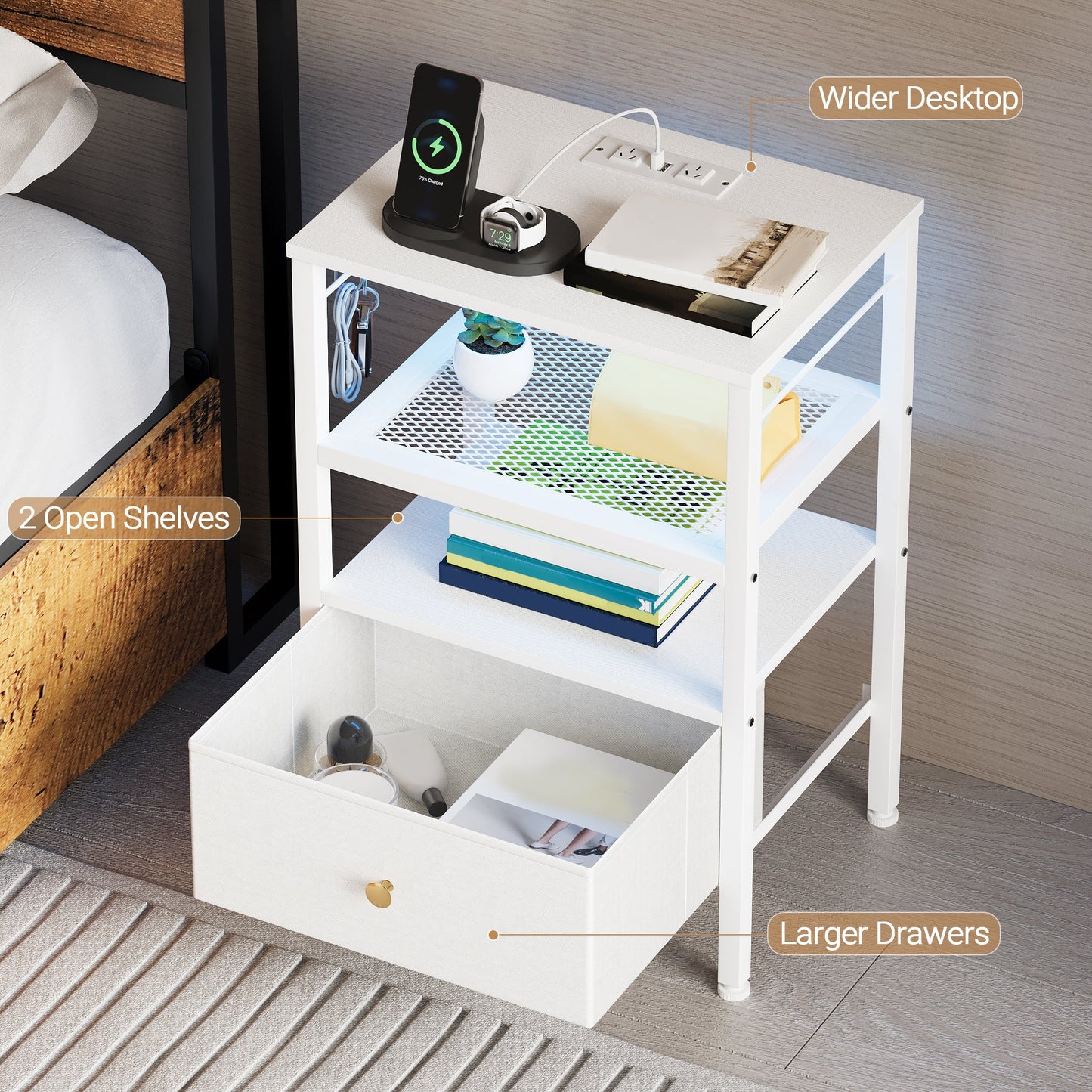 Advwin 3-Tier Bedside Table with Fabric Drawer and Lights