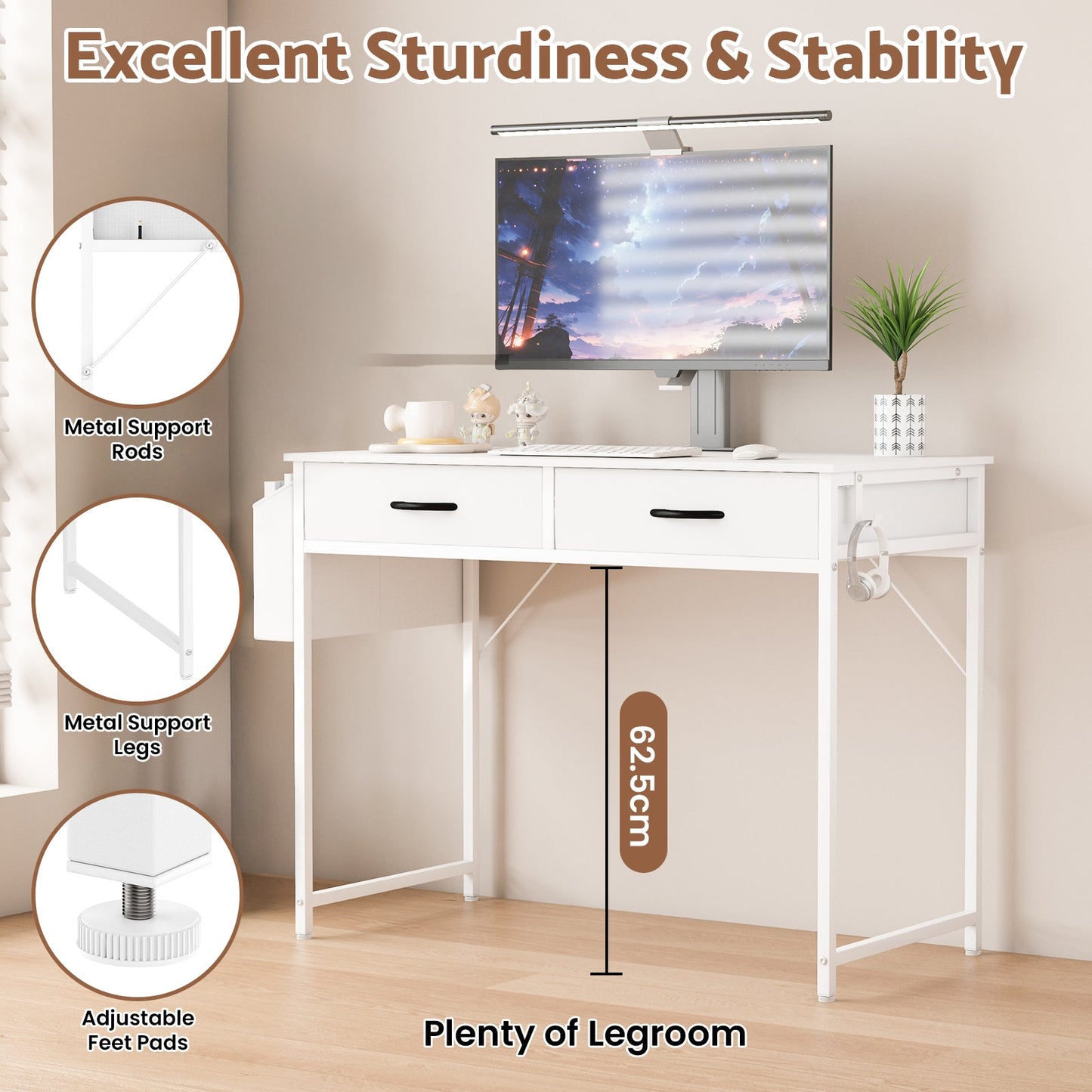 Advwin 100cm Small Desk with 2 Drawers