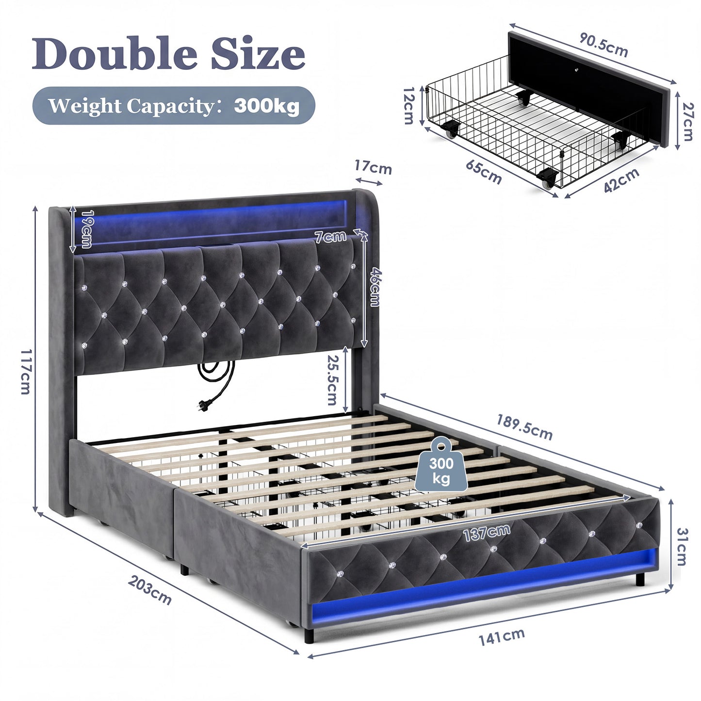 Advwin LED Bed Frame with Velvet Upholstered Headboard
