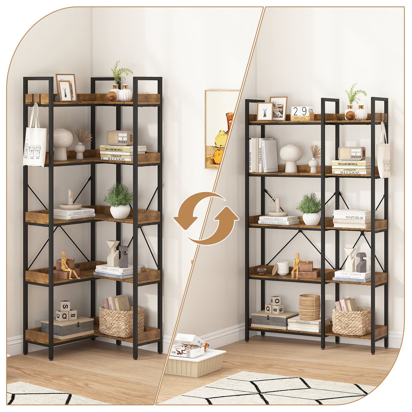 Advwin 5-Tier Corner Bookshelf Convertible L Shaped Bookcase