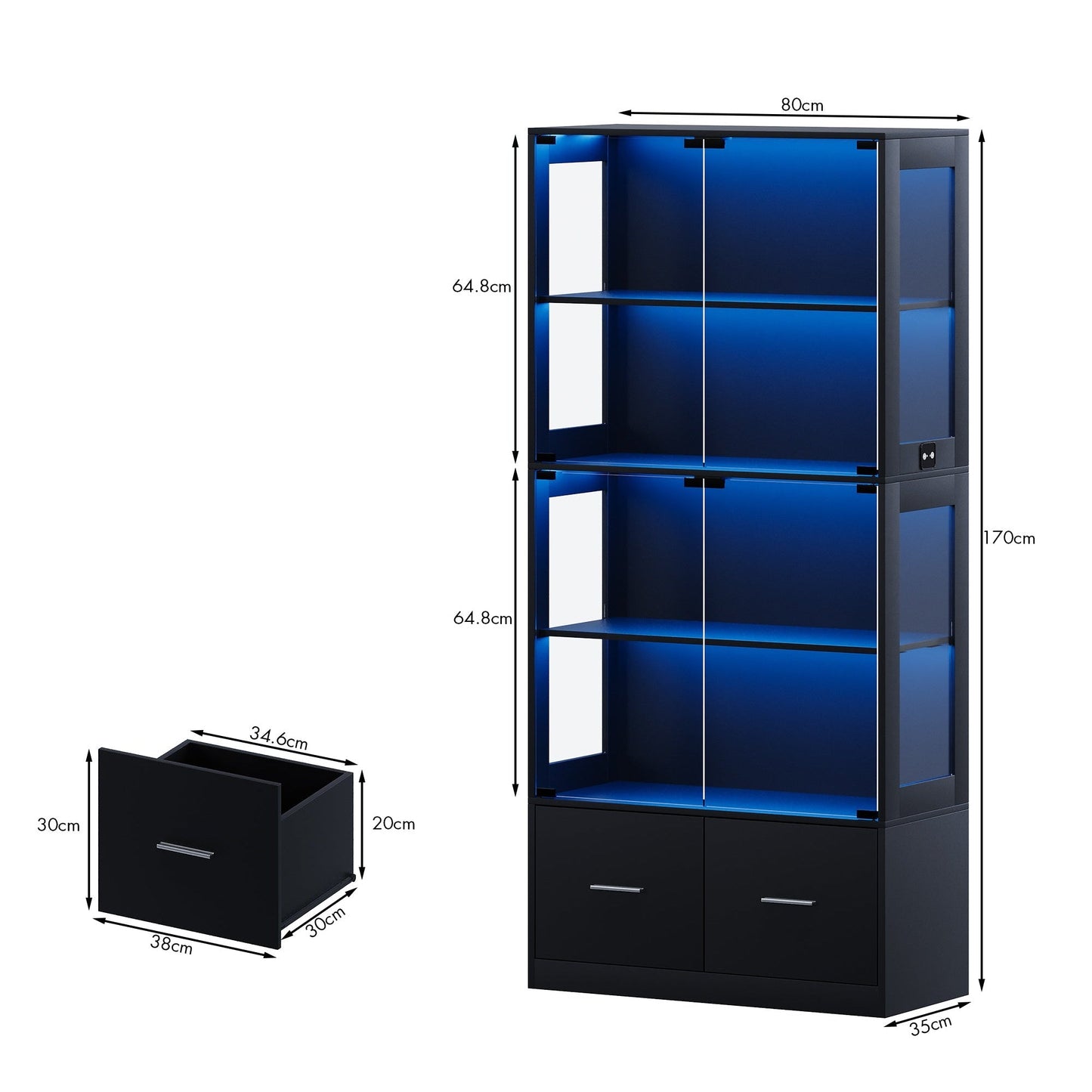 Advwin 4 Tier Glass Display Cabinet LED Storage Bookshelf