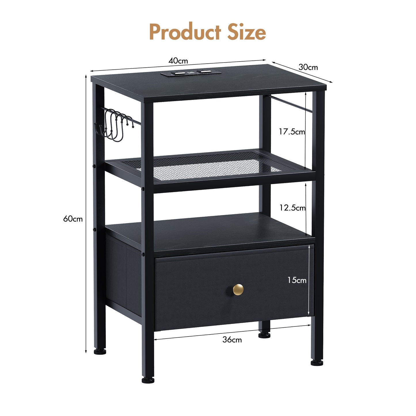 Advwin 3-Tier Bedside Table with Fabric Drawer and Lights