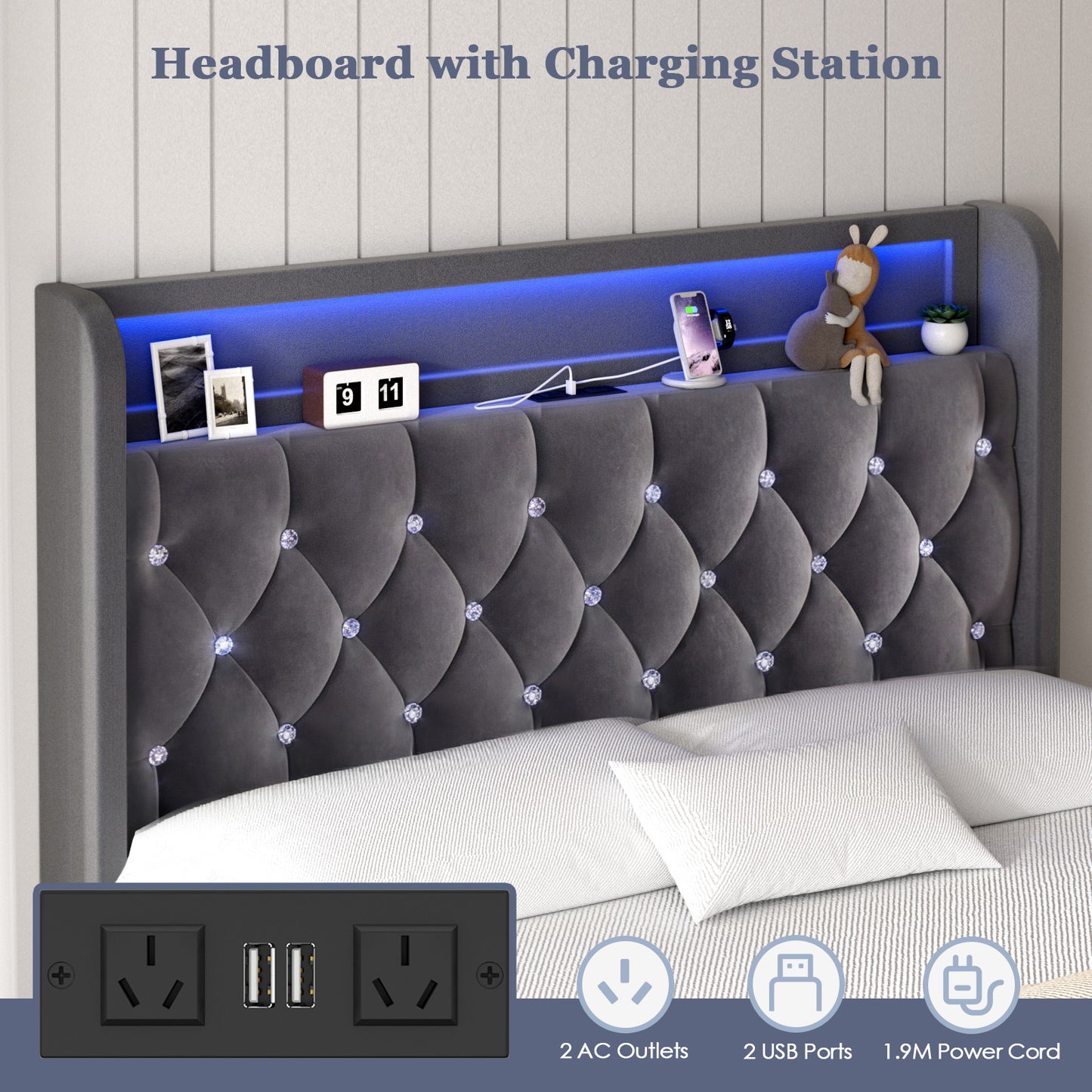 Advwin LED Bed Frame with Velvet Upholstered Headboard