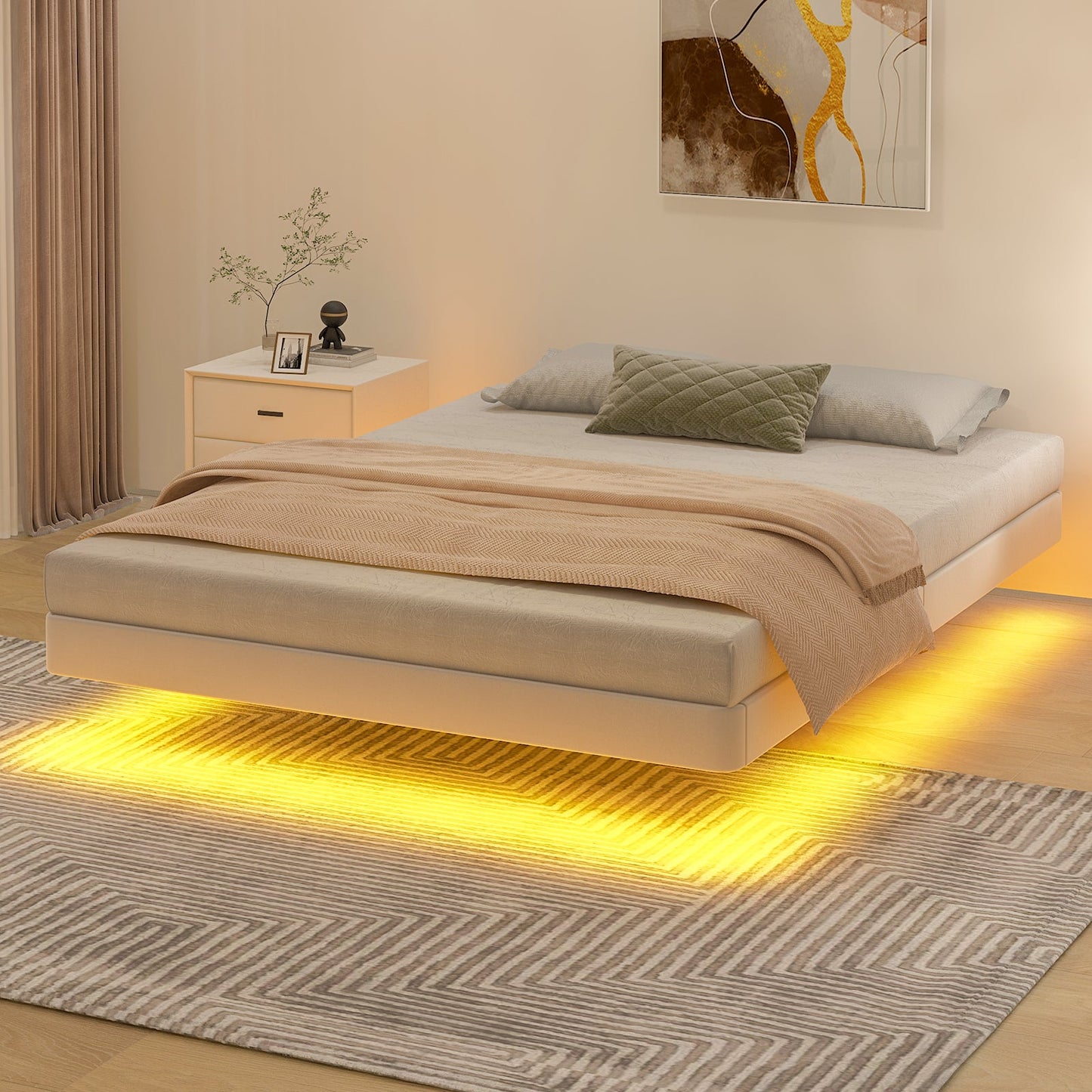 Advwin Velvet Upholstered Floating Bed Frame w/ LED