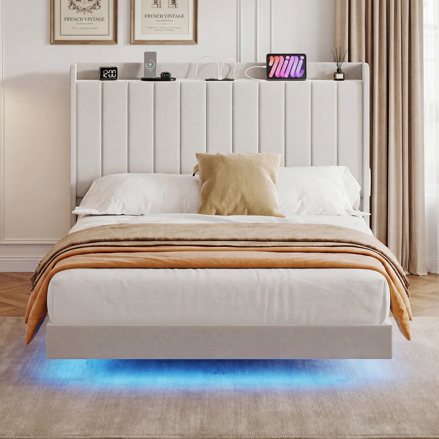 Advwin Velvet Floating Bed Frame with RGB LED