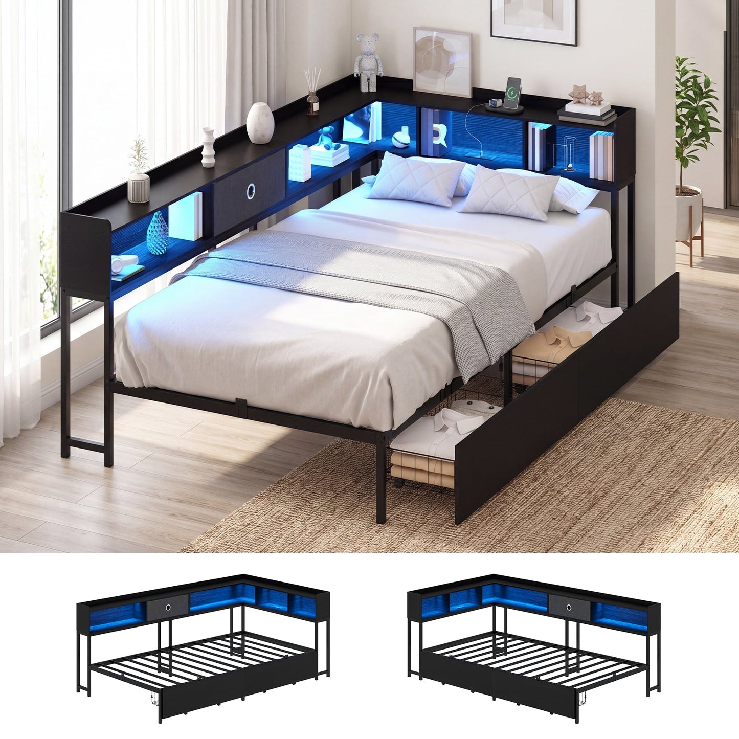 Advwin King Single Corner Bed Frame with Storage Drawers
