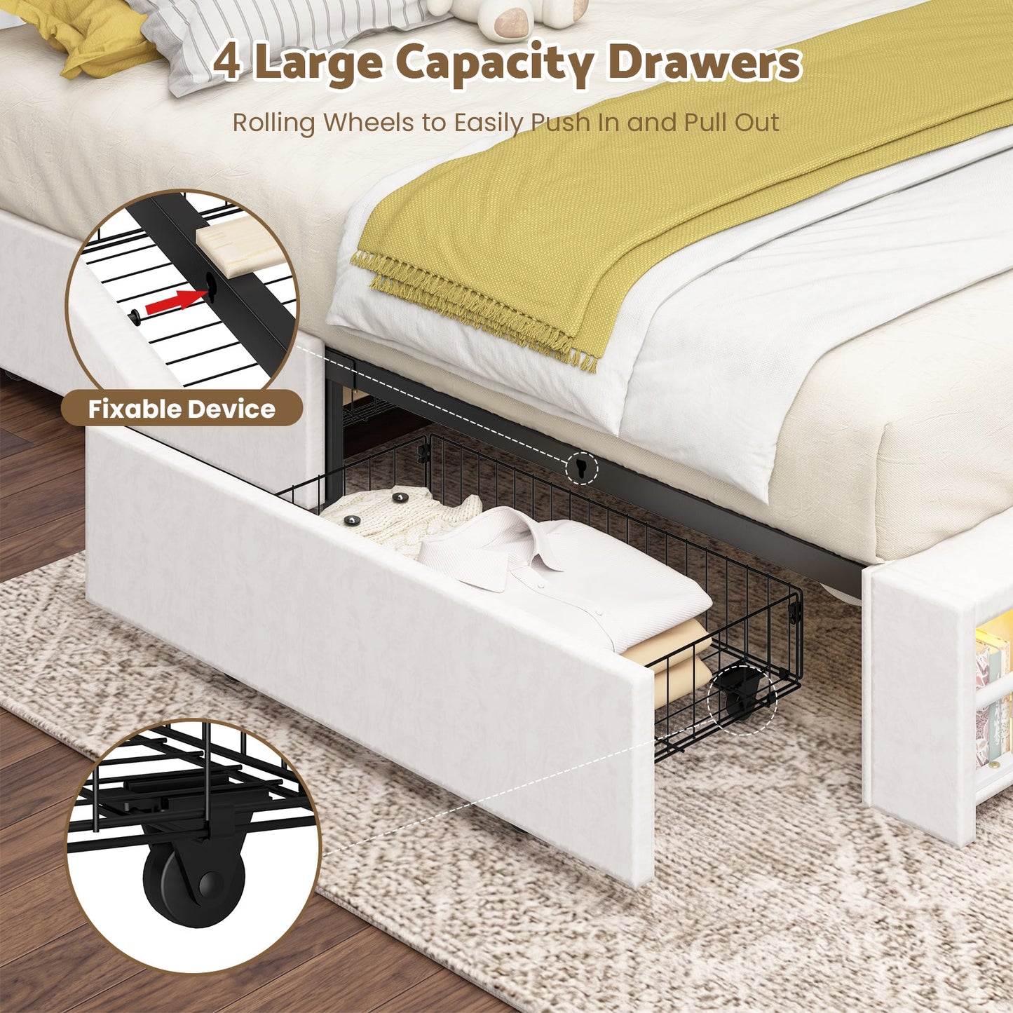 Advwin Princess Bed Frame w/ Charging Station & 4 Drawers