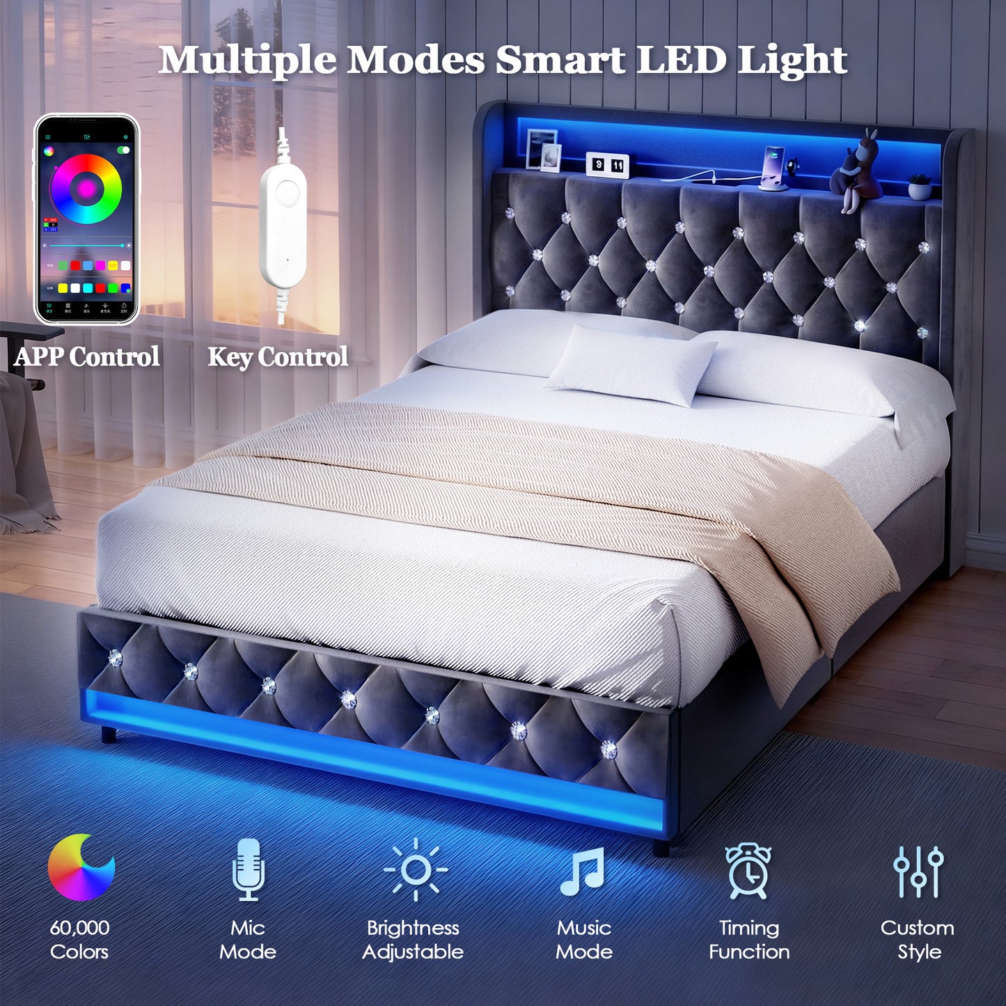 Advwin LED Bed Frame with Velvet Upholstered Headboard