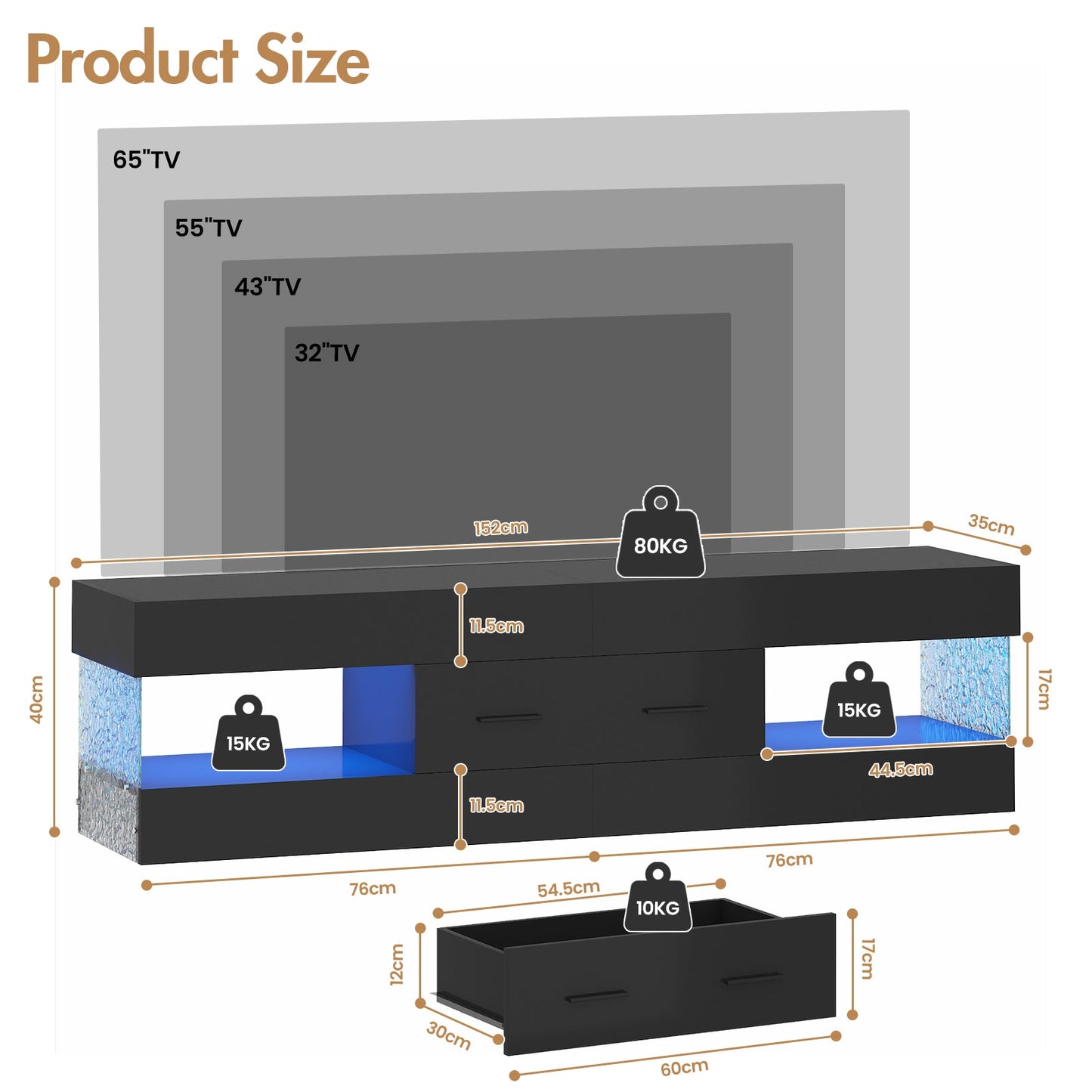 Advwin 152cm LED TV Stand High Gloss Cabinet w/ Drawer
