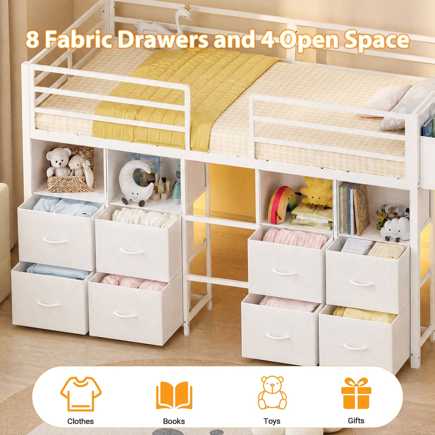 Advwin Low Loft Bed Frame with 8 Drawers & LED Light
