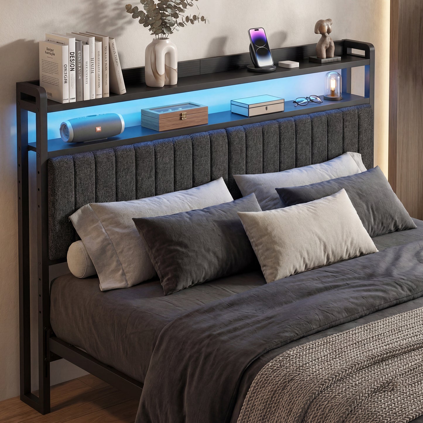 Advwin Storage Headboard Upholstered with Light Charging Station