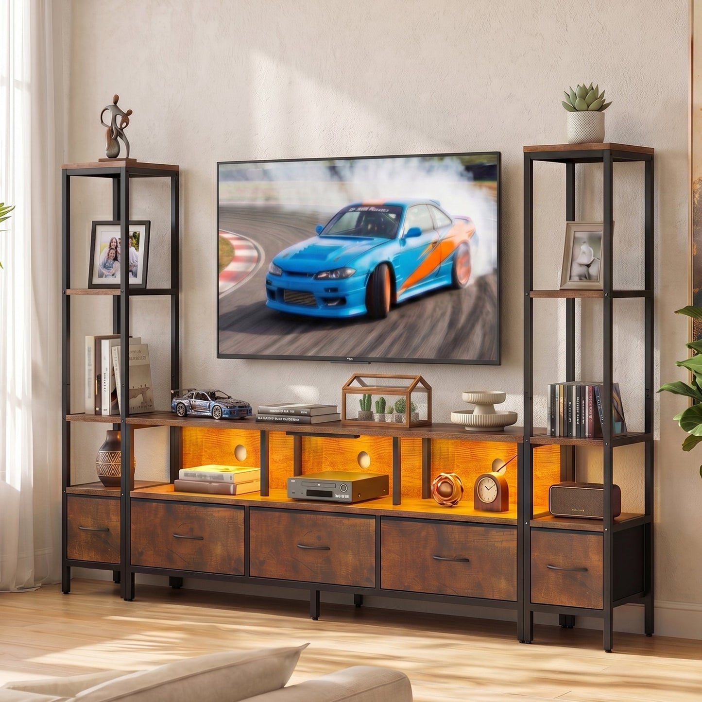 Advwin 197cm TV Stand with Bookshelf & LED Lights