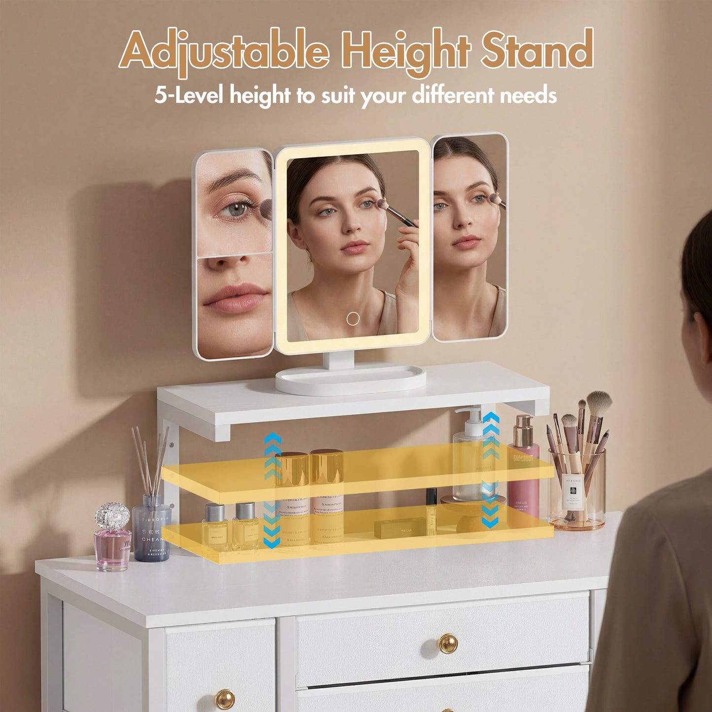 Advwin Dressing Table with LED Mirror Height-Adjustable Stand