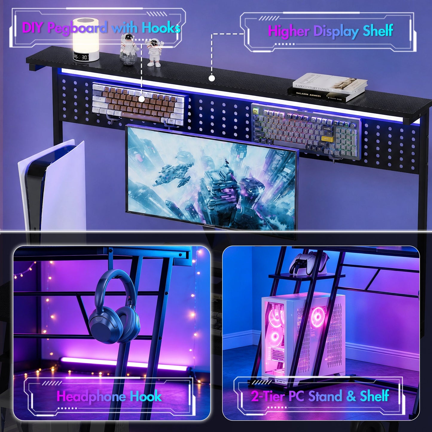 Advwin 120cm LED Gaming Desk w/ Movable Monitor Stand