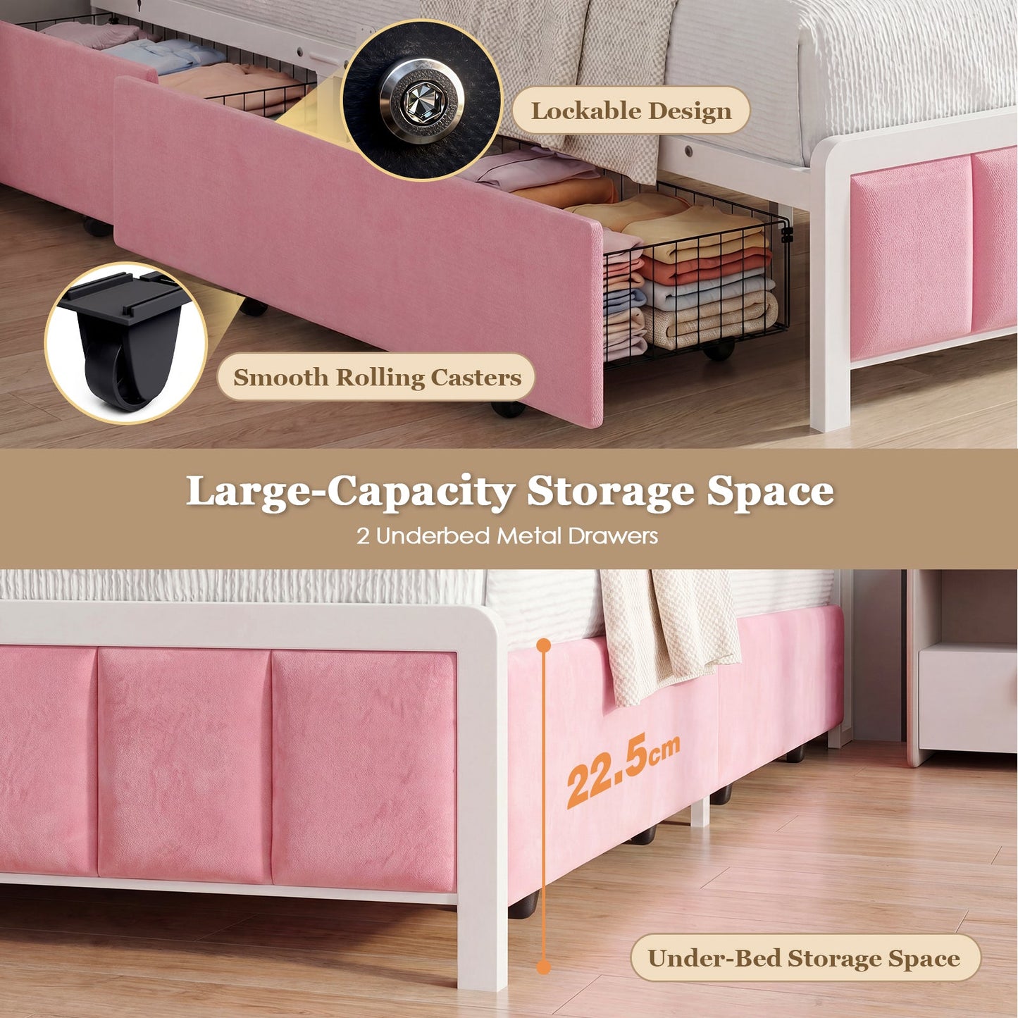 Advwin Bed Frame with LED Shelves & Charging Station Pink