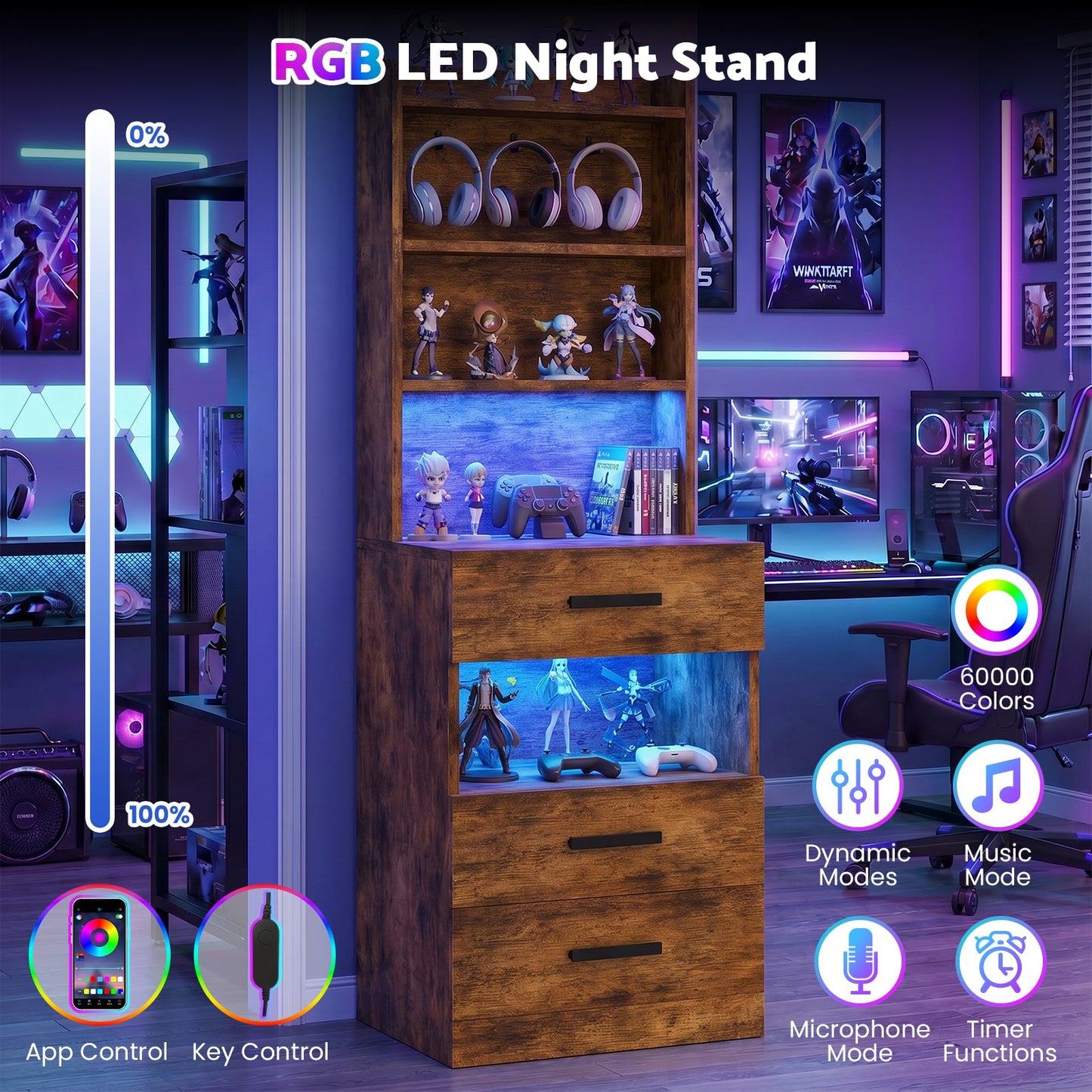 Advwin Set of 2 Tall Bedside Table with Charging Station