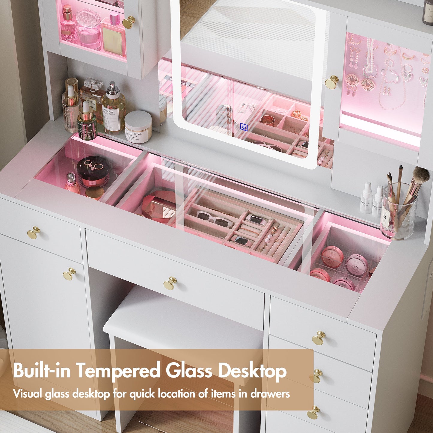 Advwin Dressing Table Set w/ Glass Desktop LED Light