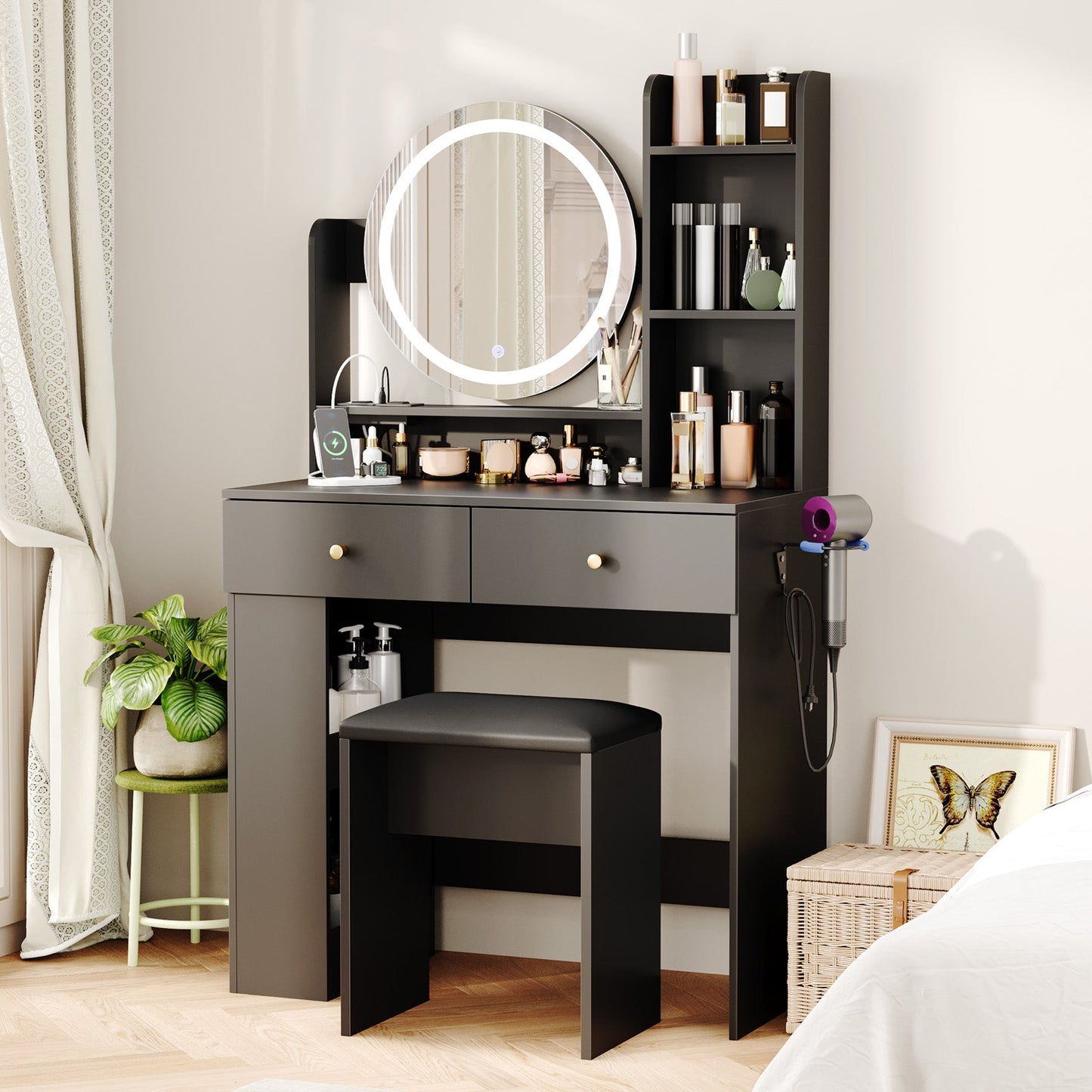 Advwin Makeup Vanity Desk with LED Round Mirror