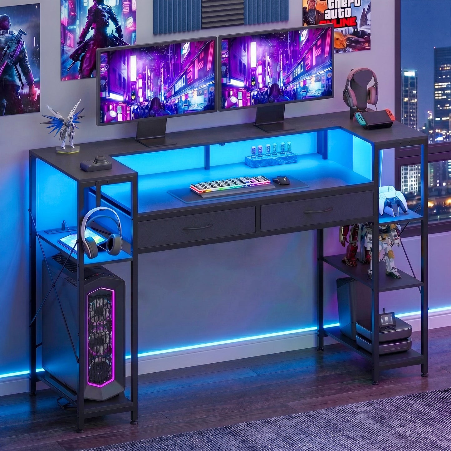 Advwin U Shaped Gaming Desk with LED Lights 148cm