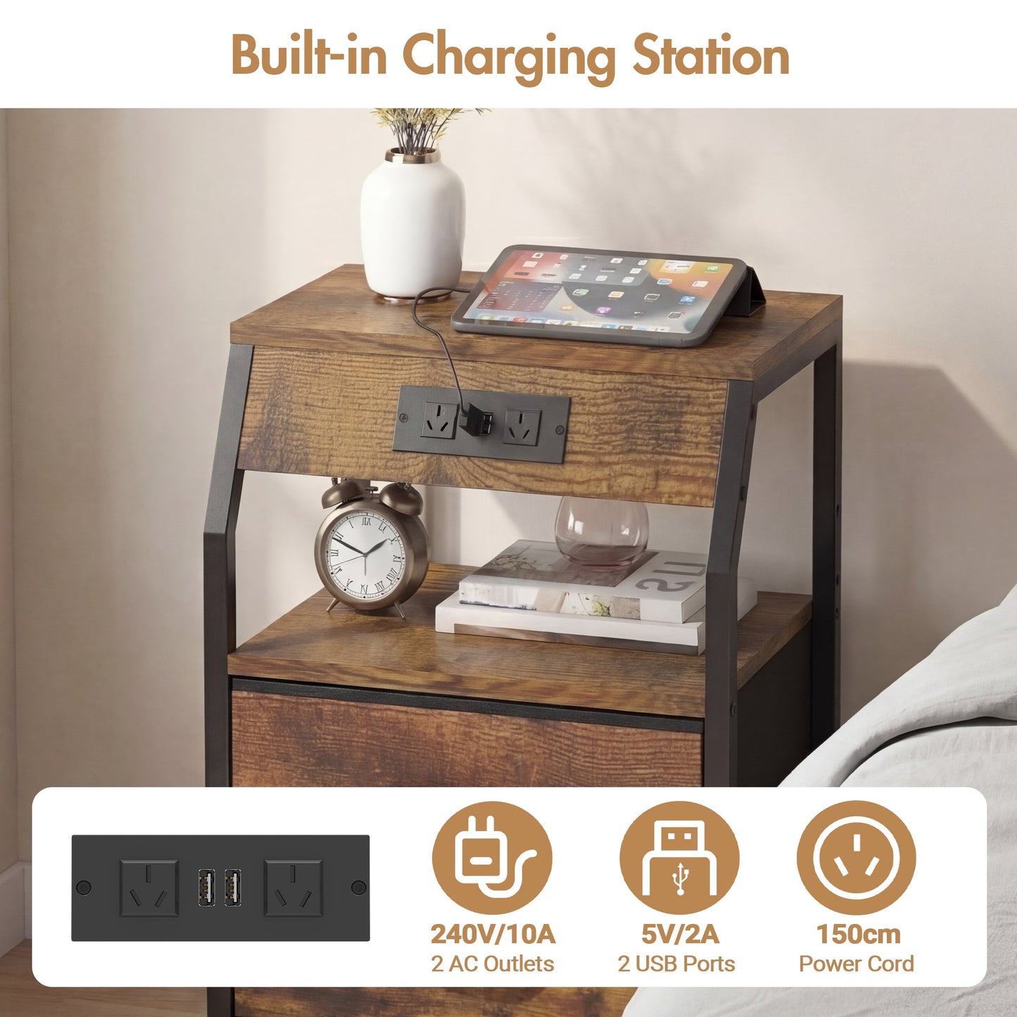 Advwin Set of 2 Bedside Table with 4 Drawers