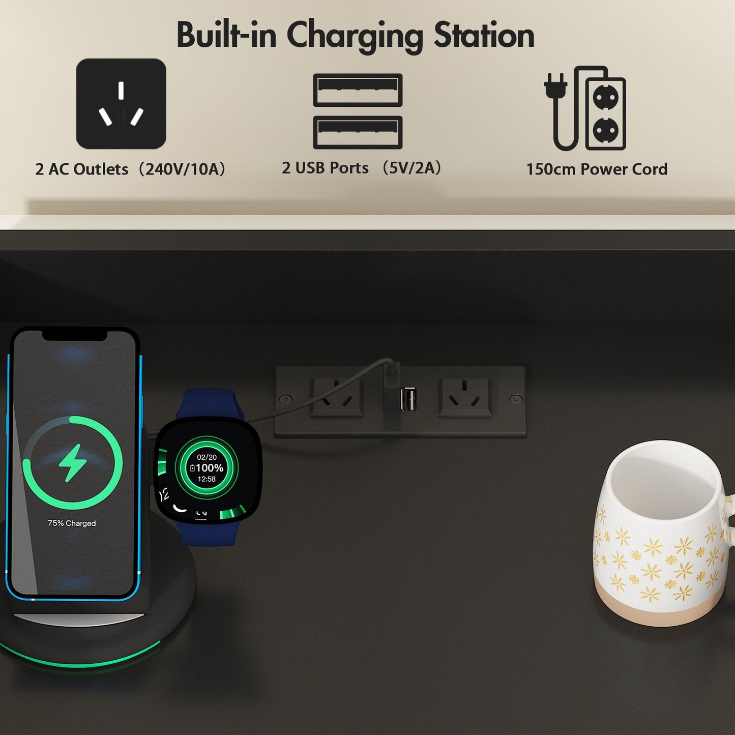 Advwin Bedside Table with Charging Station & LED Light