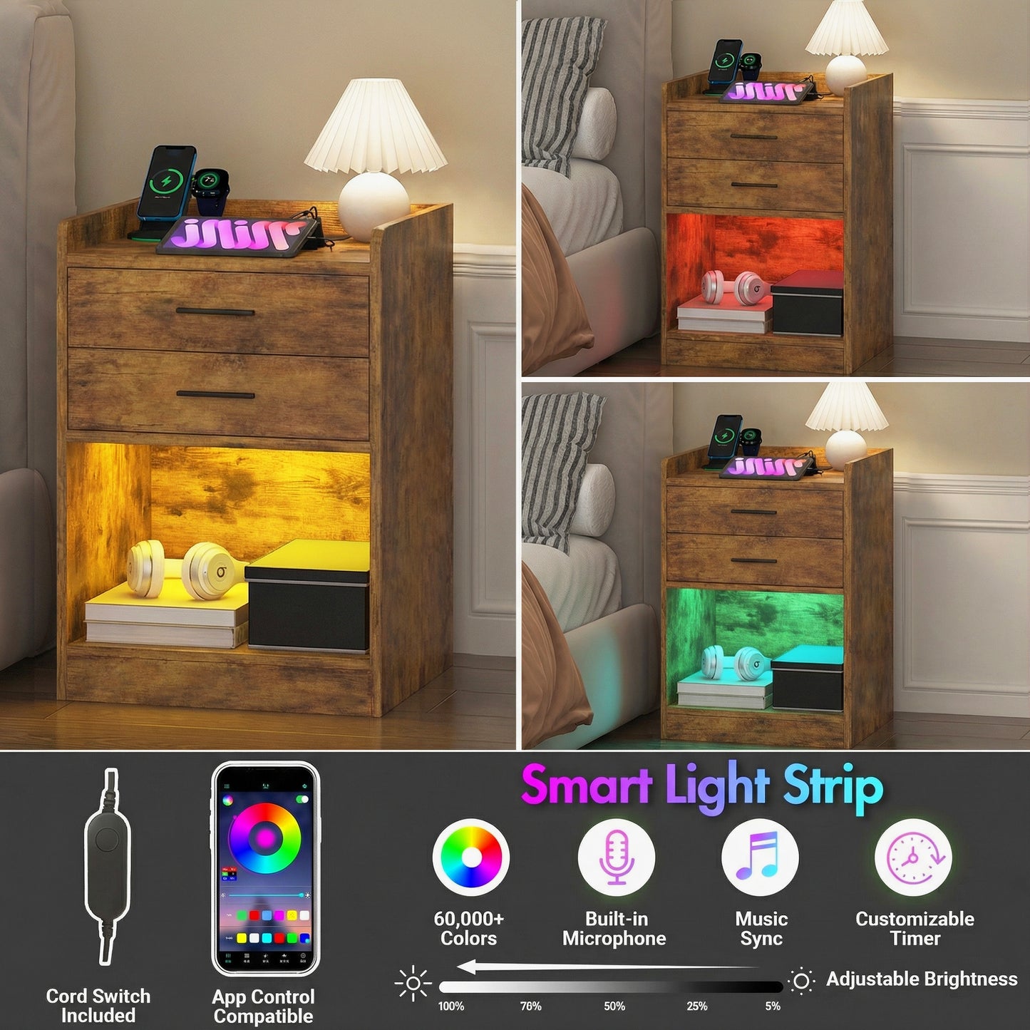 Advwin LED Bedside Table with Charging Station