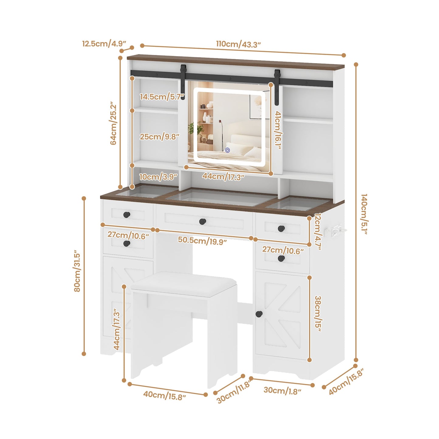 Advwin Farmhouse Vanity Desk with LED Mirror