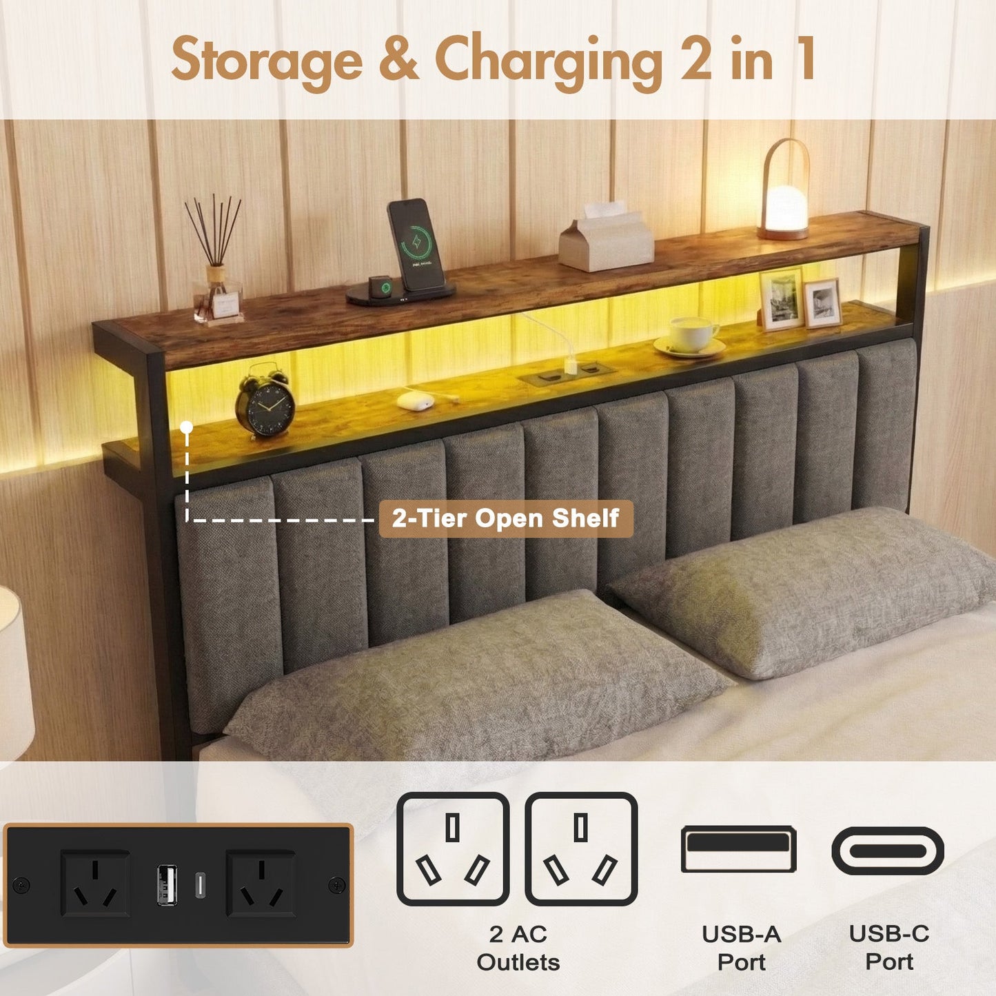 Advwin Queen Bed Frame with RGB LED & Charging Station