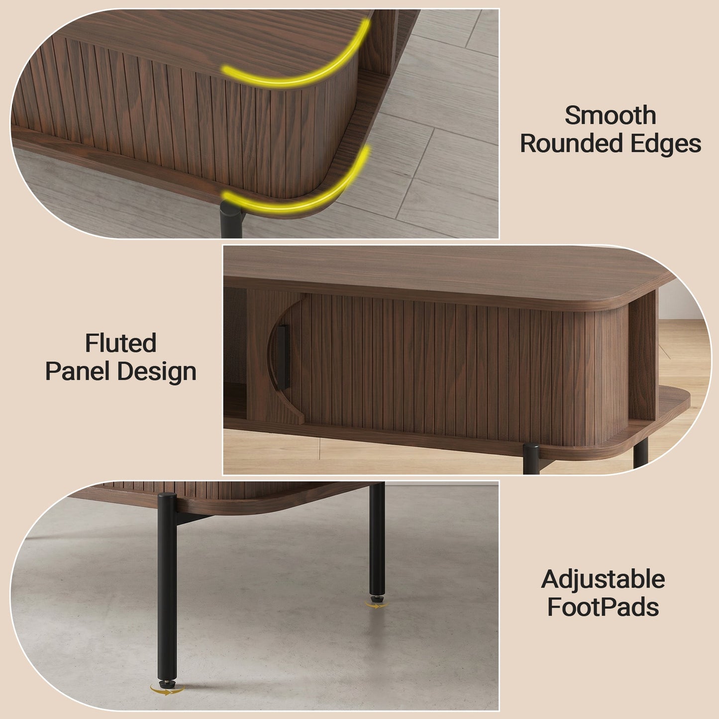 Advwin Fluted Coffee Table with Hidden Storage Walnut