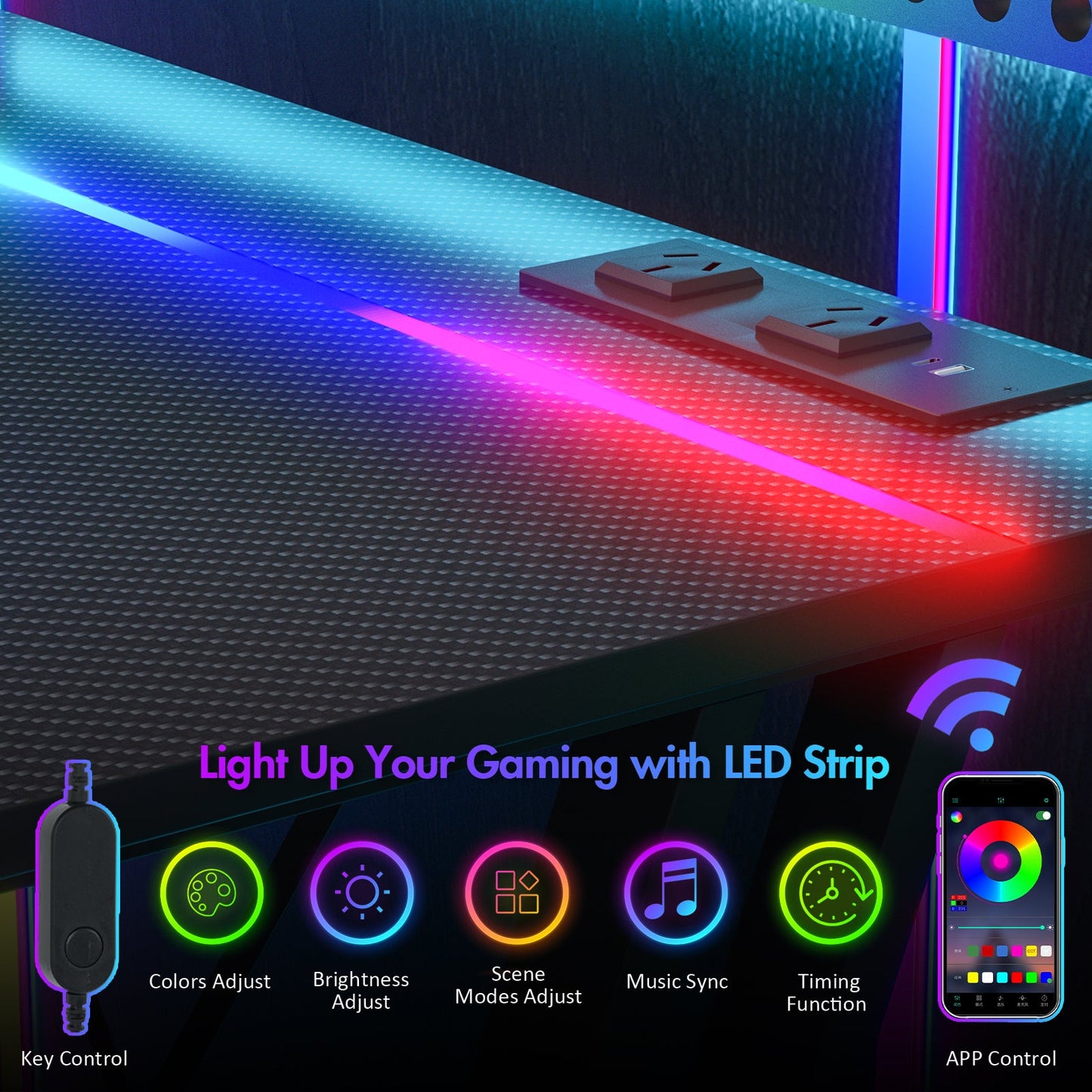 Advwin Gaming Desk Built-in LED Lights & Power Outlets