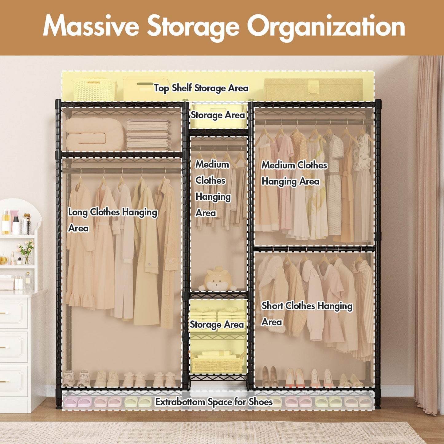Advwin Portable Closet Wardrobe with 4 Rods & 9 Shelves