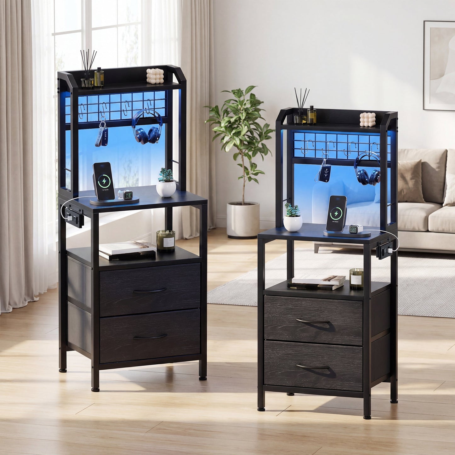 Advwin Set of 2 Bedside Table with Charging Station