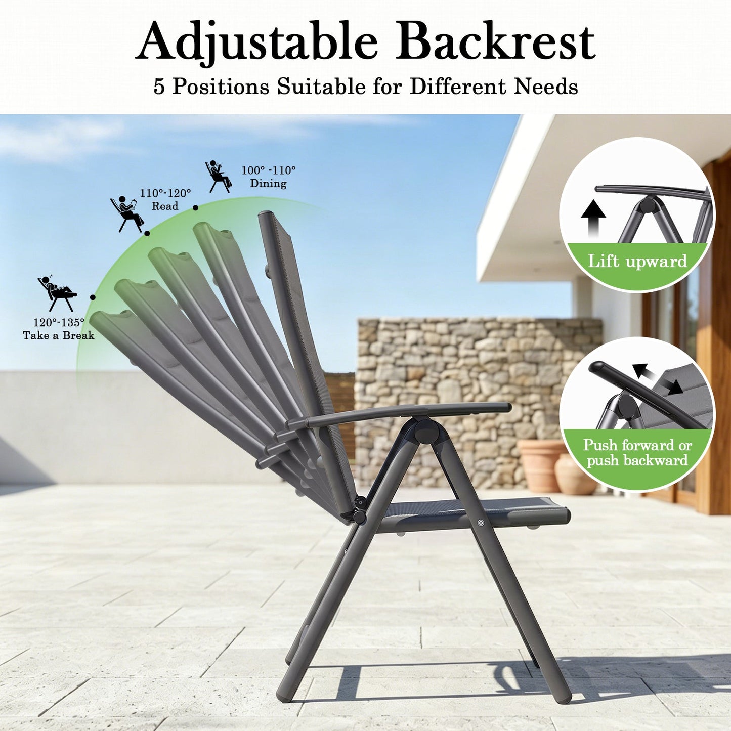 Advwin Folding Patio Chairs Set of 2 w/ Adjustable Backrest