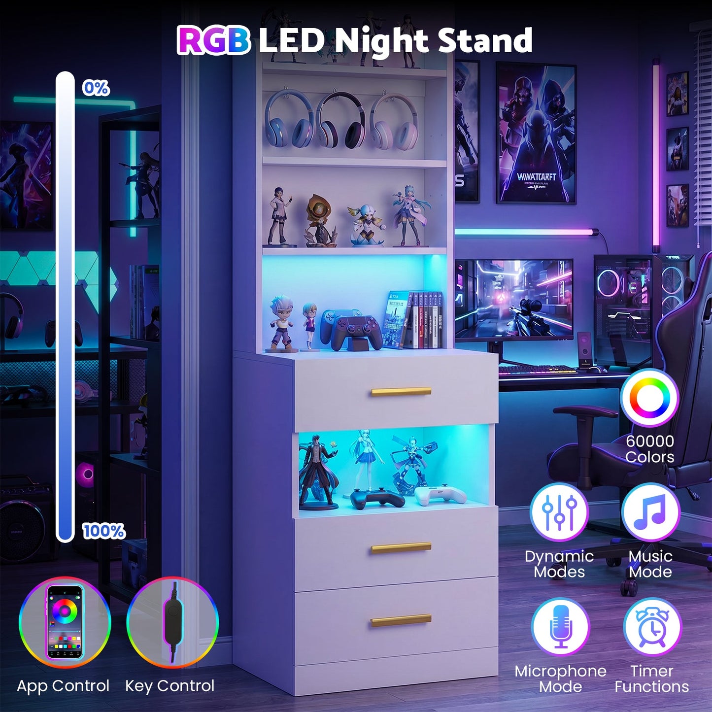 Advwin Set of 2 Tall Bedside Table with Charging Station