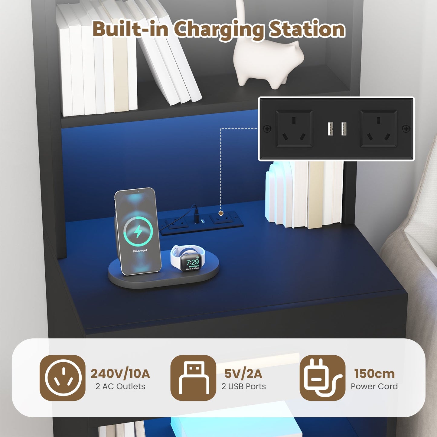 Advwin Set of 2 Tall Bedside Table with Charging Station