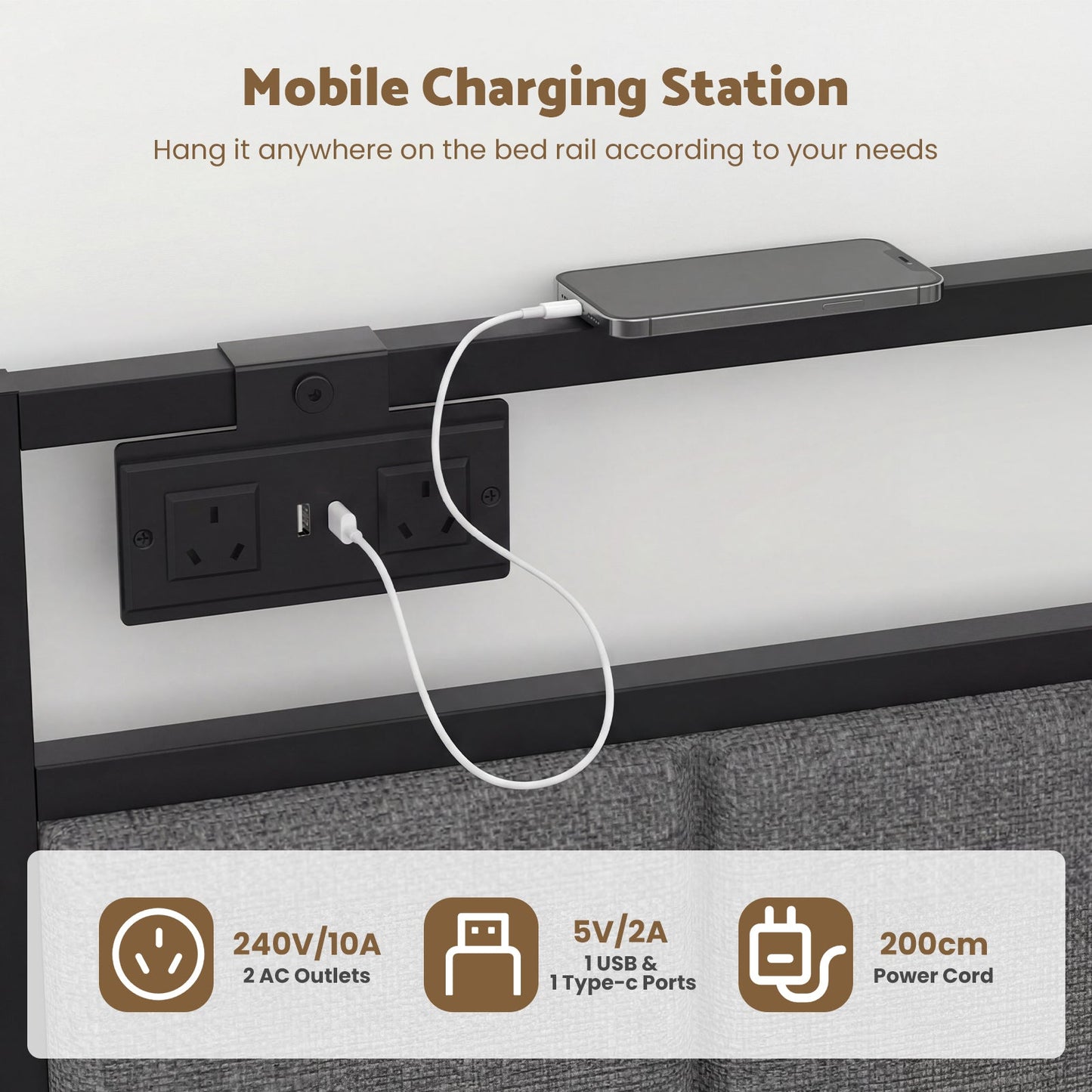 Advwin Corner Double Bed Frame with Charging Station