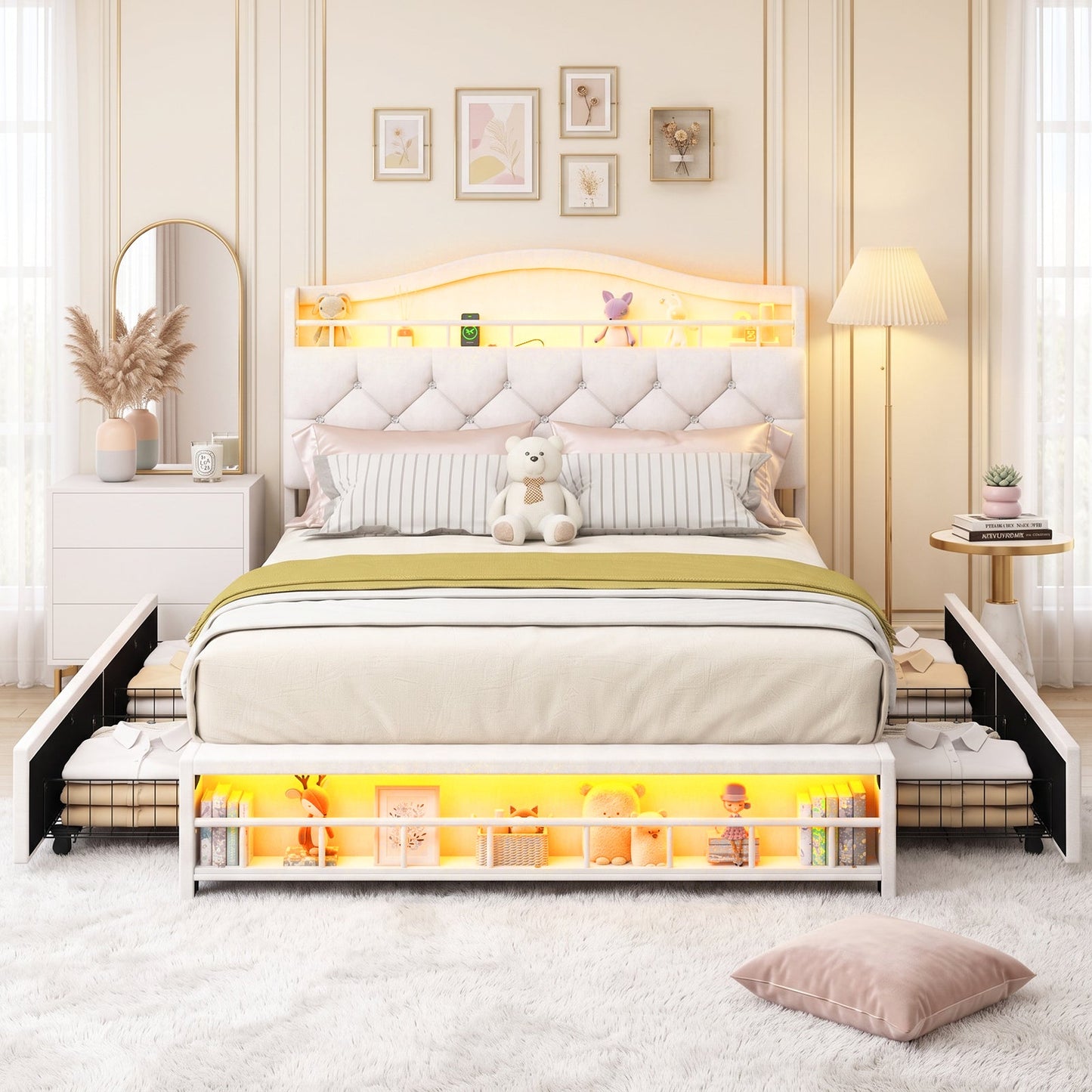 Advwin Princess Bed Frame w/ Charging Station & 4 Drawers