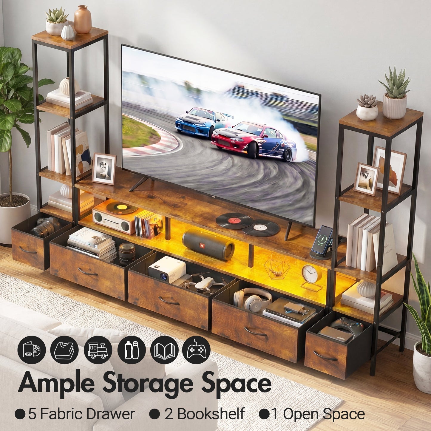 Advwin 197cm TV Stand with Bookshelf & LED Lights