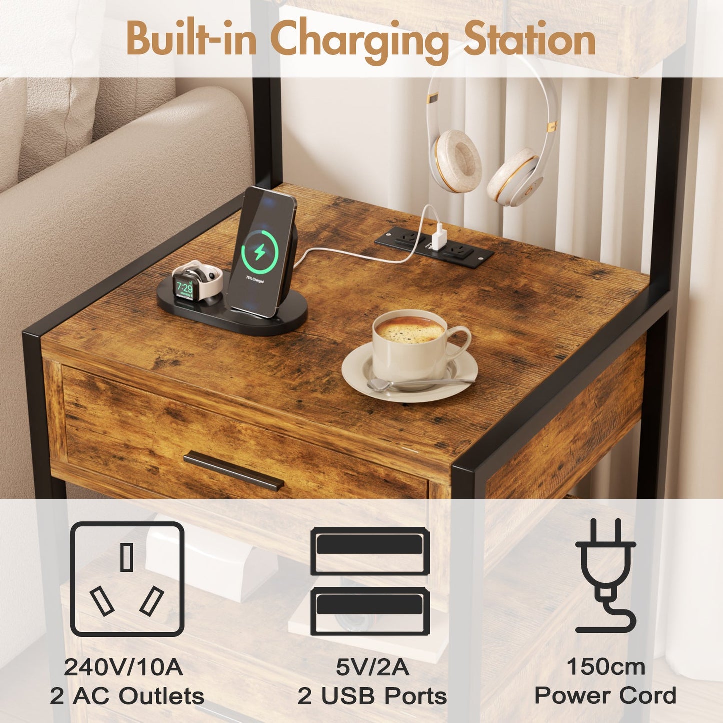 Advwin Bedside Table with Charging Station