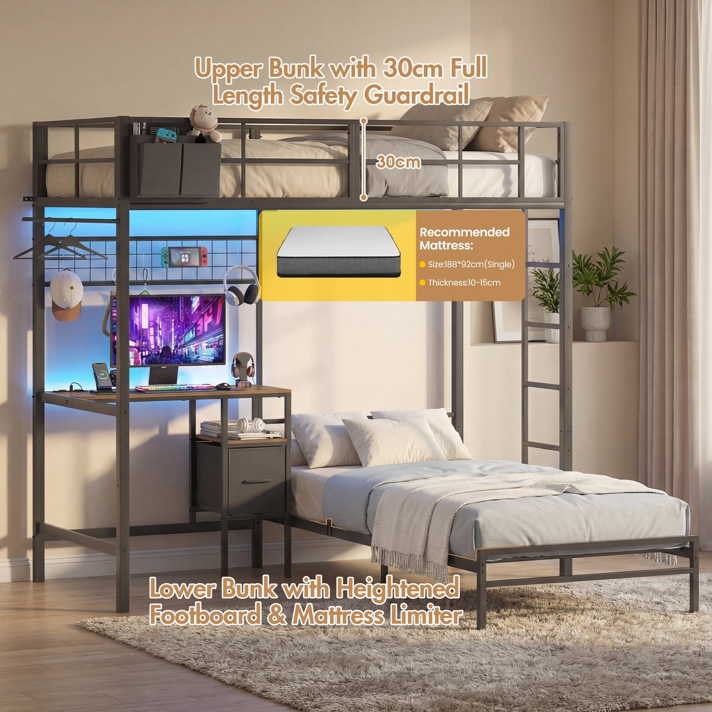 Advwin L-Shaped Bunk Bed w/ Desk Charging Station