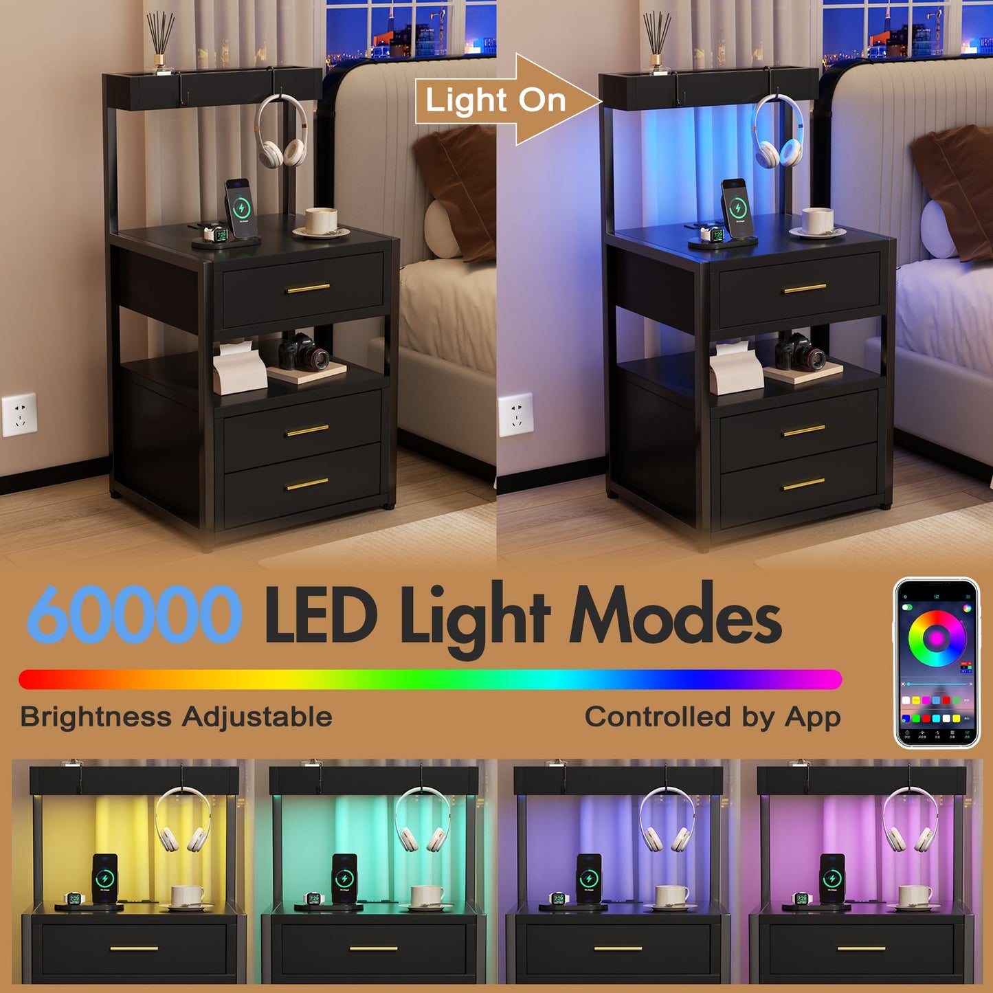 Advwin Bedside Table with Charging Station