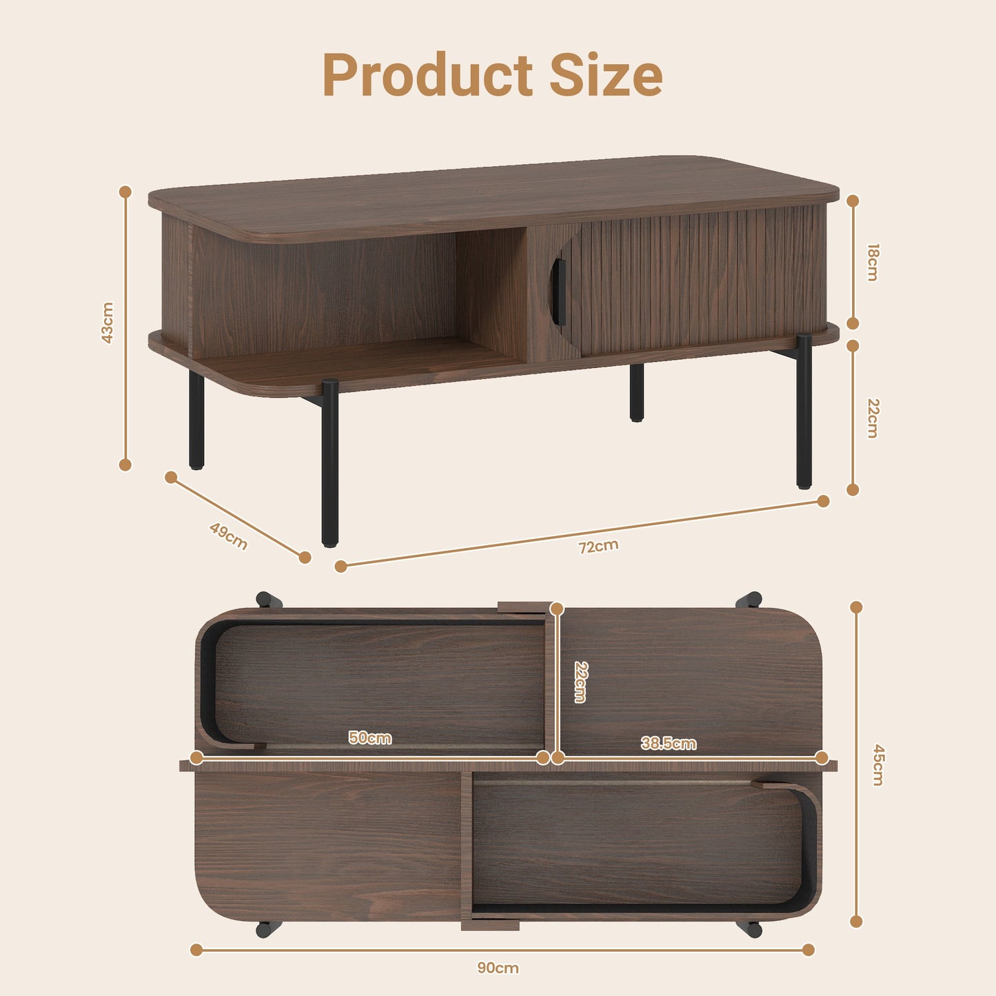 Advwin Fluted Coffee Table with Hidden Storage Walnut