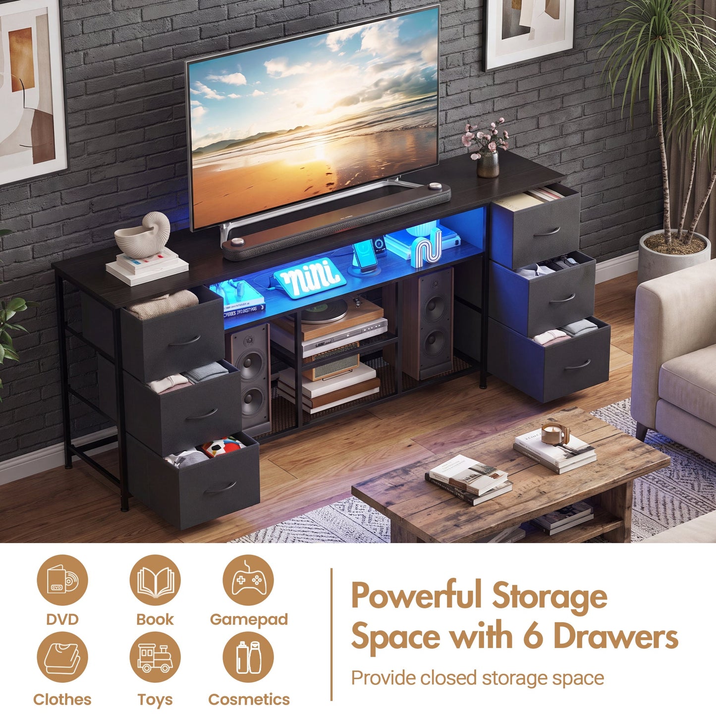 Advwin 160cm TV Unit Cabinet with 6 Drawers & Open Shelf